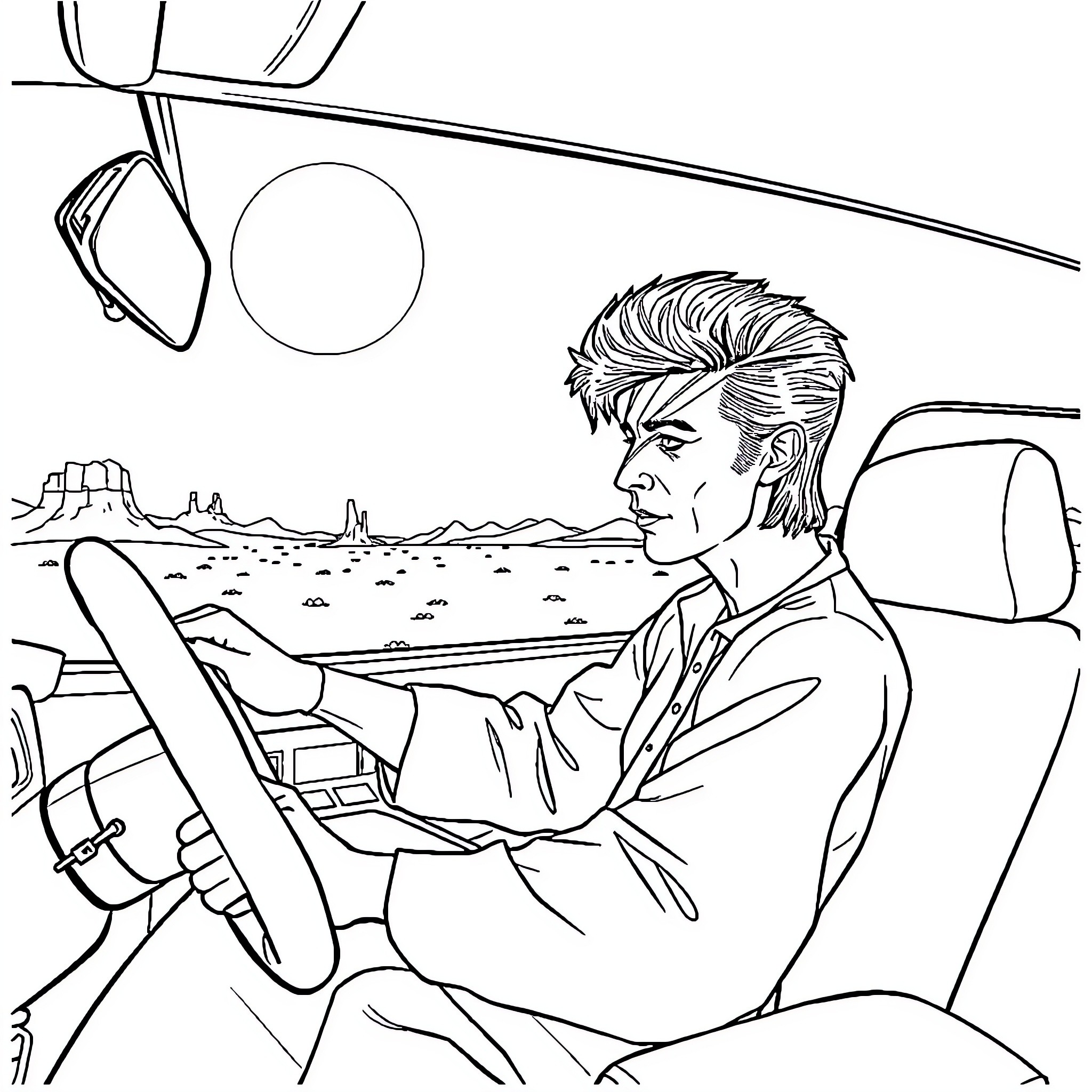 David Bowie driving through the desert in a convertible Coloring Page (free black-and-white line drawing printable PDF for all, from beginners to advanced learners, including children, teens, adults, and seniors)