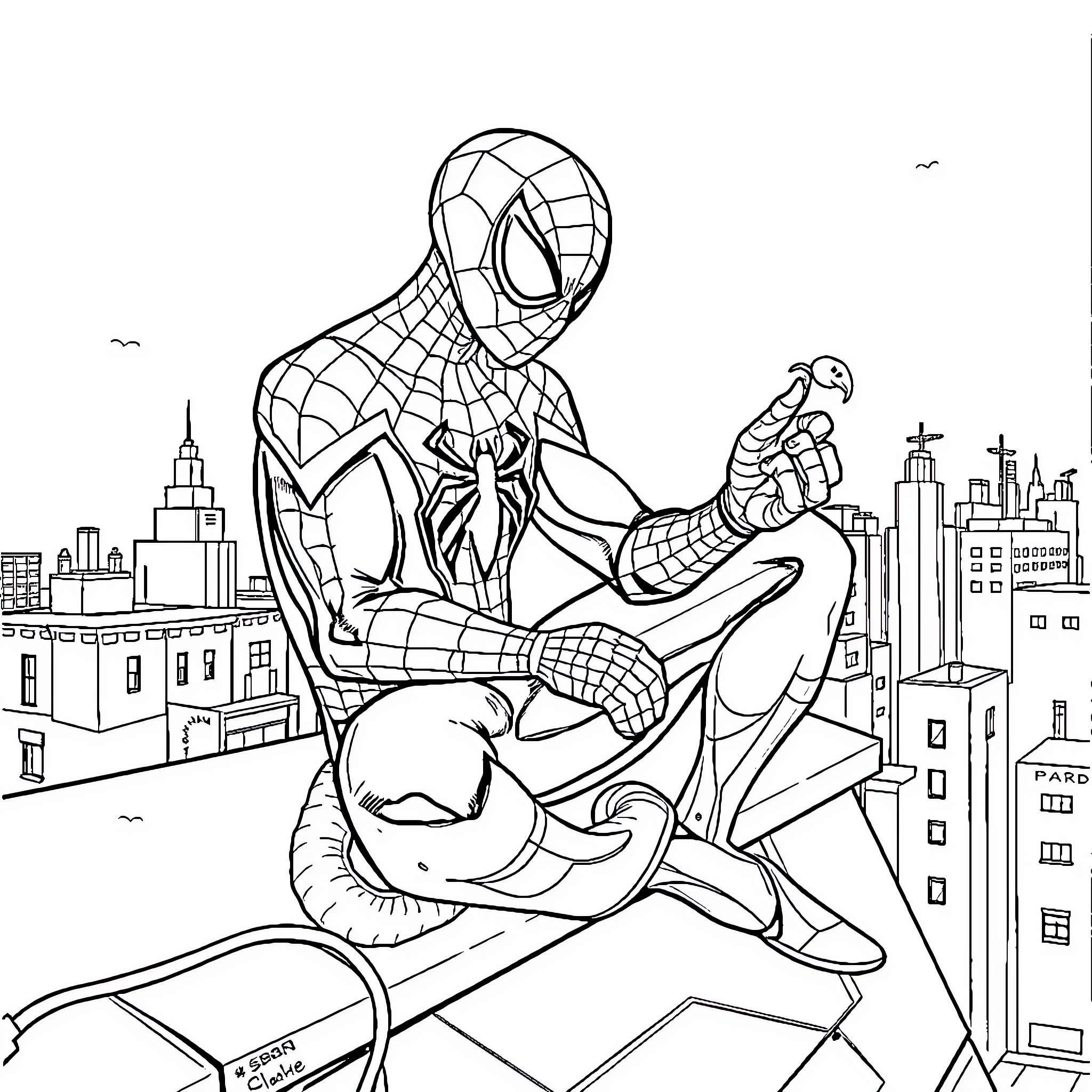 Spider-Man swinging through the city, facing an enemy Coloring Page (free black-and-white line drawing printable PDF for all, from beginners to advanced learners, including children, teens, adults, and seniors)