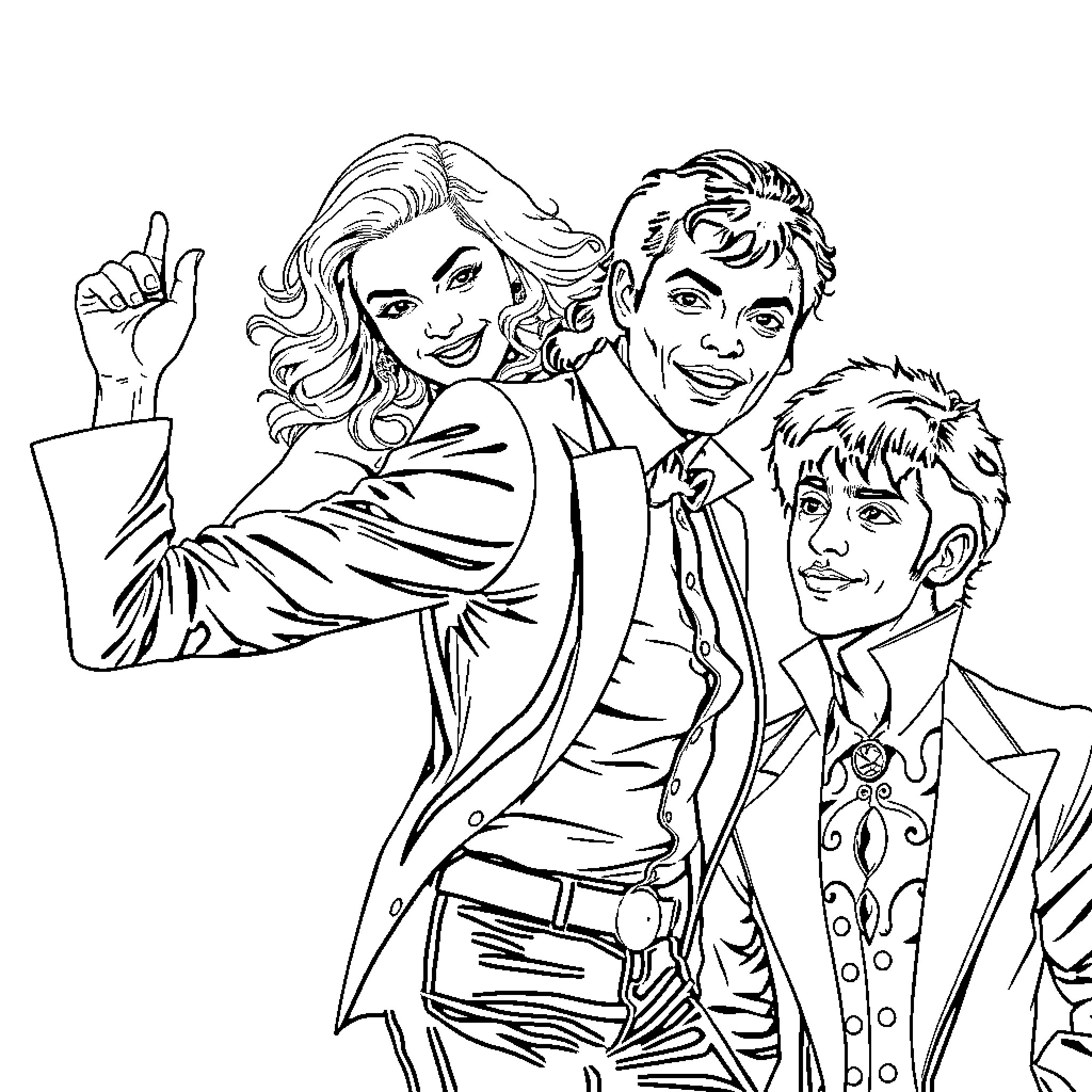Madonna and her companions in stylish attire Coloring Page (free black-and-white line drawing printable PDF for all, from beginners to advanced learners, including children, teens, adults, and seniors)