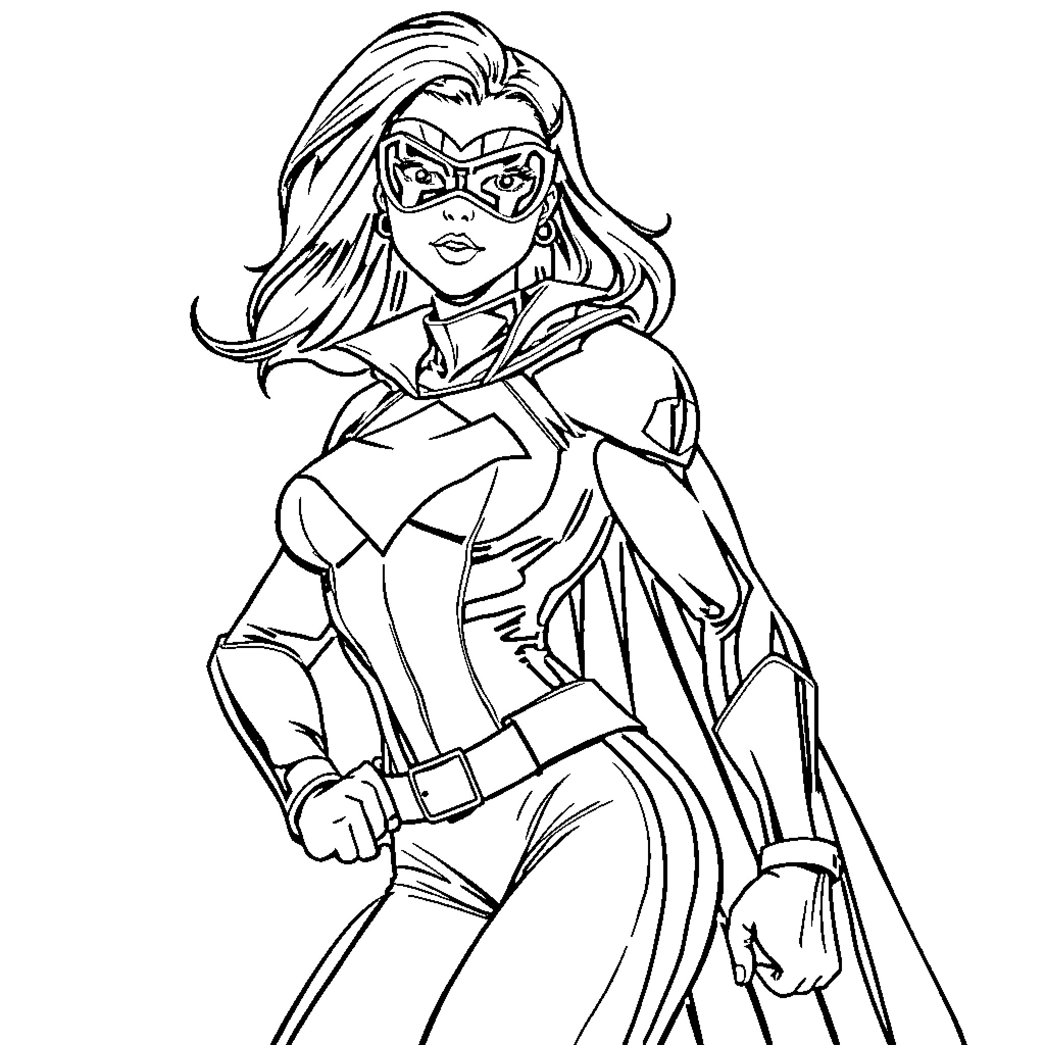 Superhero in action-ready pose with mask and cape Coloring Page (free black-and-white line drawing printable PDF for all, from beginners to advanced learners, including children, teens, adults, and seniors)