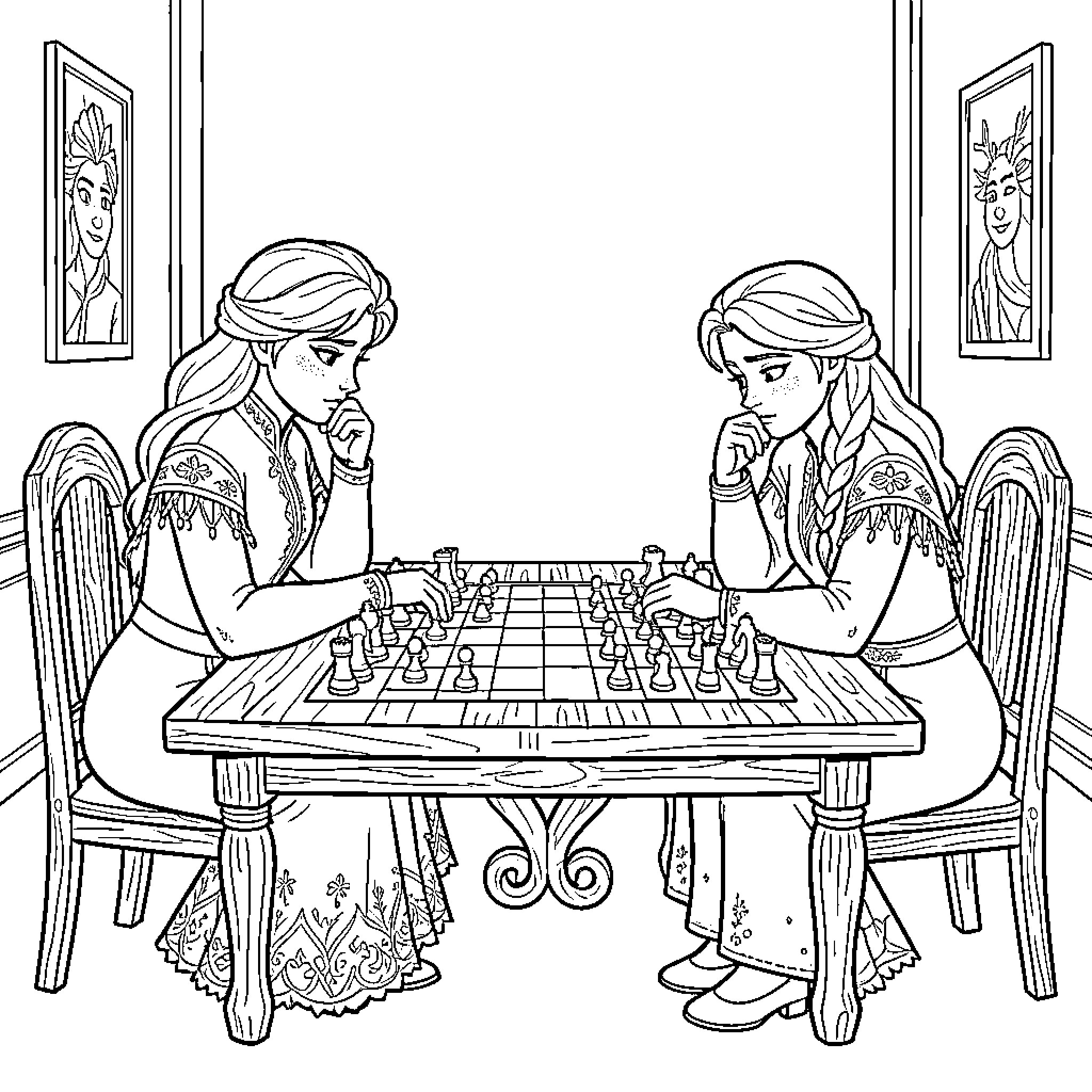 Frozen sisters focused on a game of chess Coloring Page (free black-and-white line drawing printable PDF for all, from beginners to advanced learners, including children, teens, adults, and seniors)