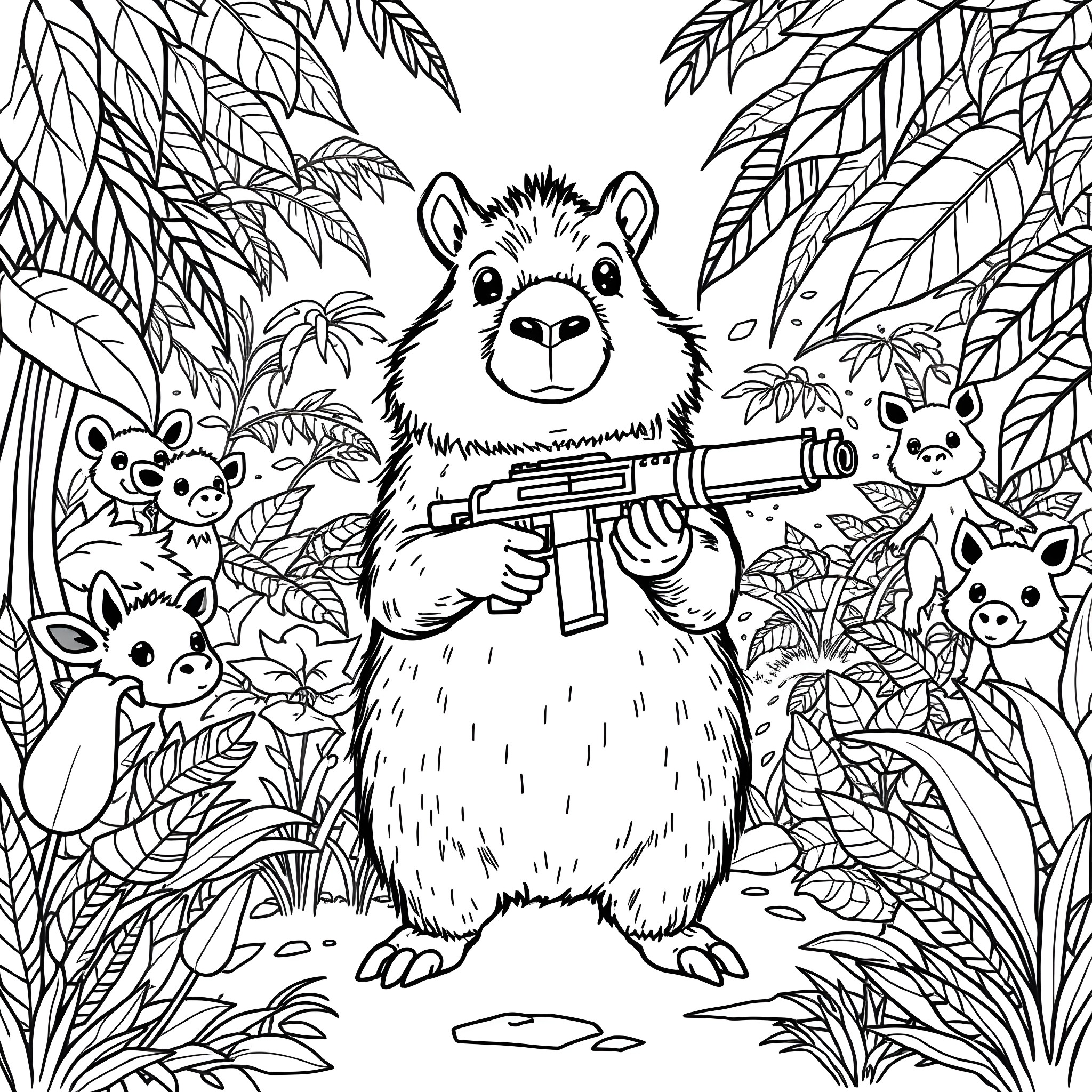 Capybara leading a group of adorable animals in the jungle Coloring Page (free black-and-white line drawing printable PDF for all, from beginners to advanced learners, including children, teens, adults, and seniors)
