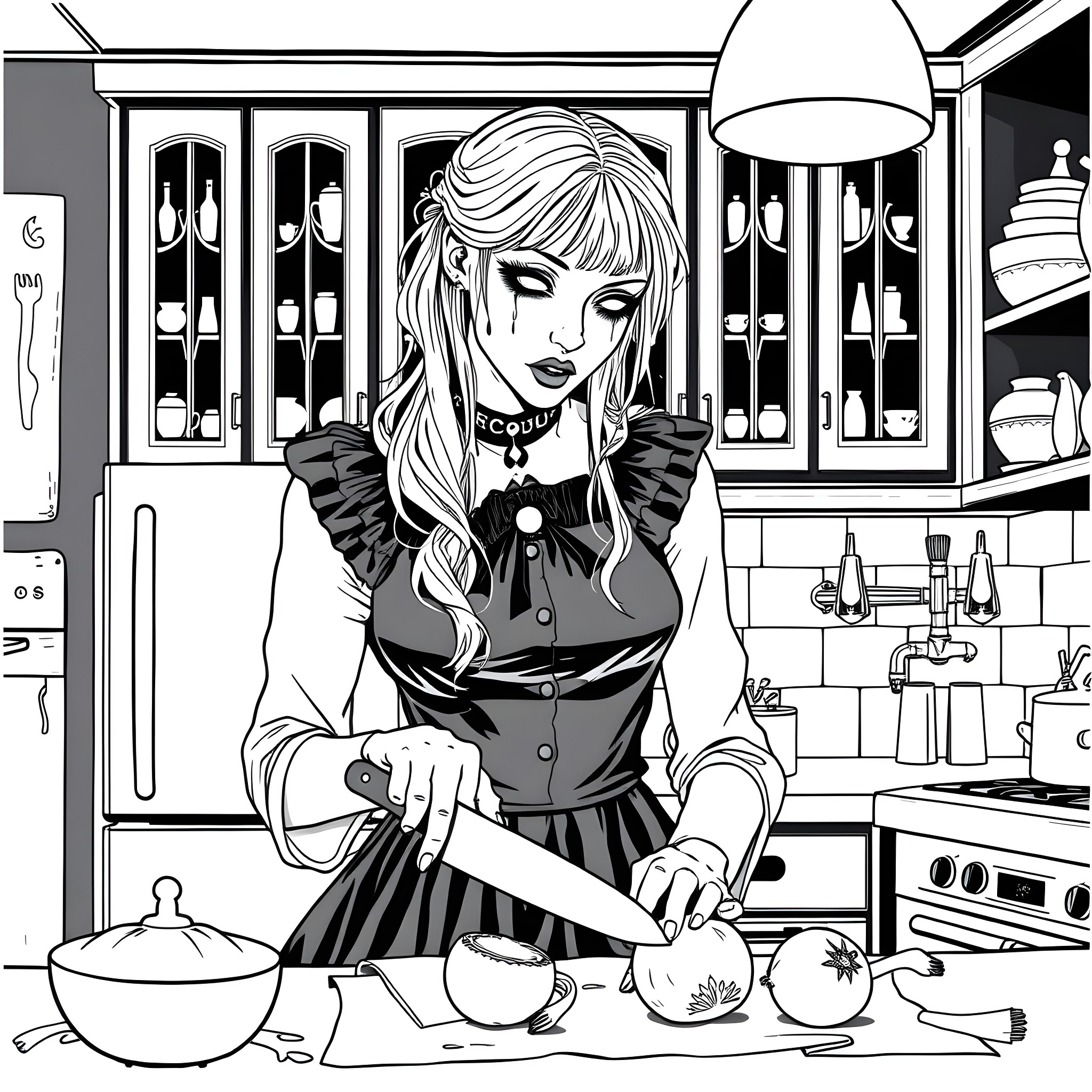 Vampire chef preparing a spooky meal in the kitchen Coloring Page (free black-and-white line drawing printable PDF for all, from beginners to advanced learners, including children, teens, adults, and seniors)