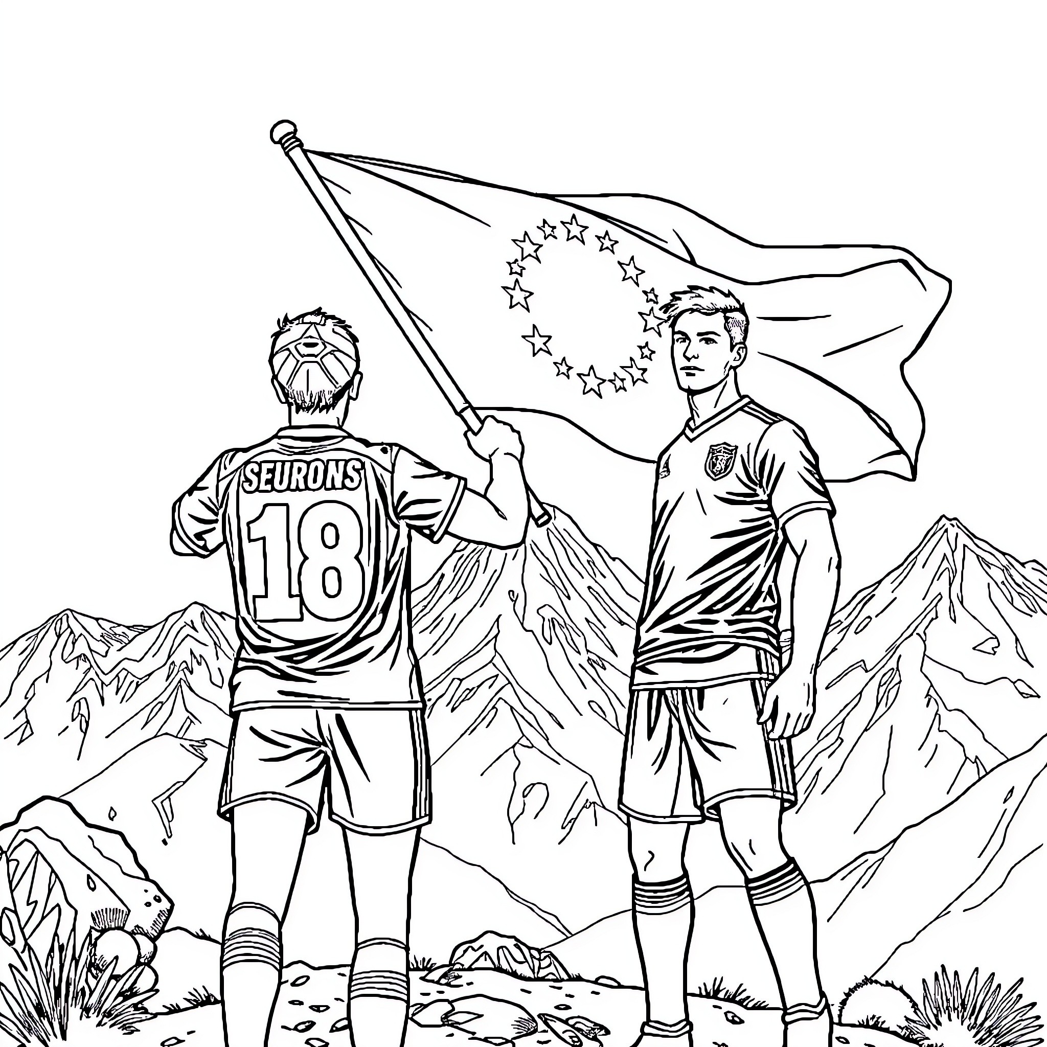 Joueurs célébrant la victoire avec le drapeau national Coloring Page (free black-and-white line drawing printable PDF for all, from beginners to advanced learners, including children, teens, adults, and seniors)