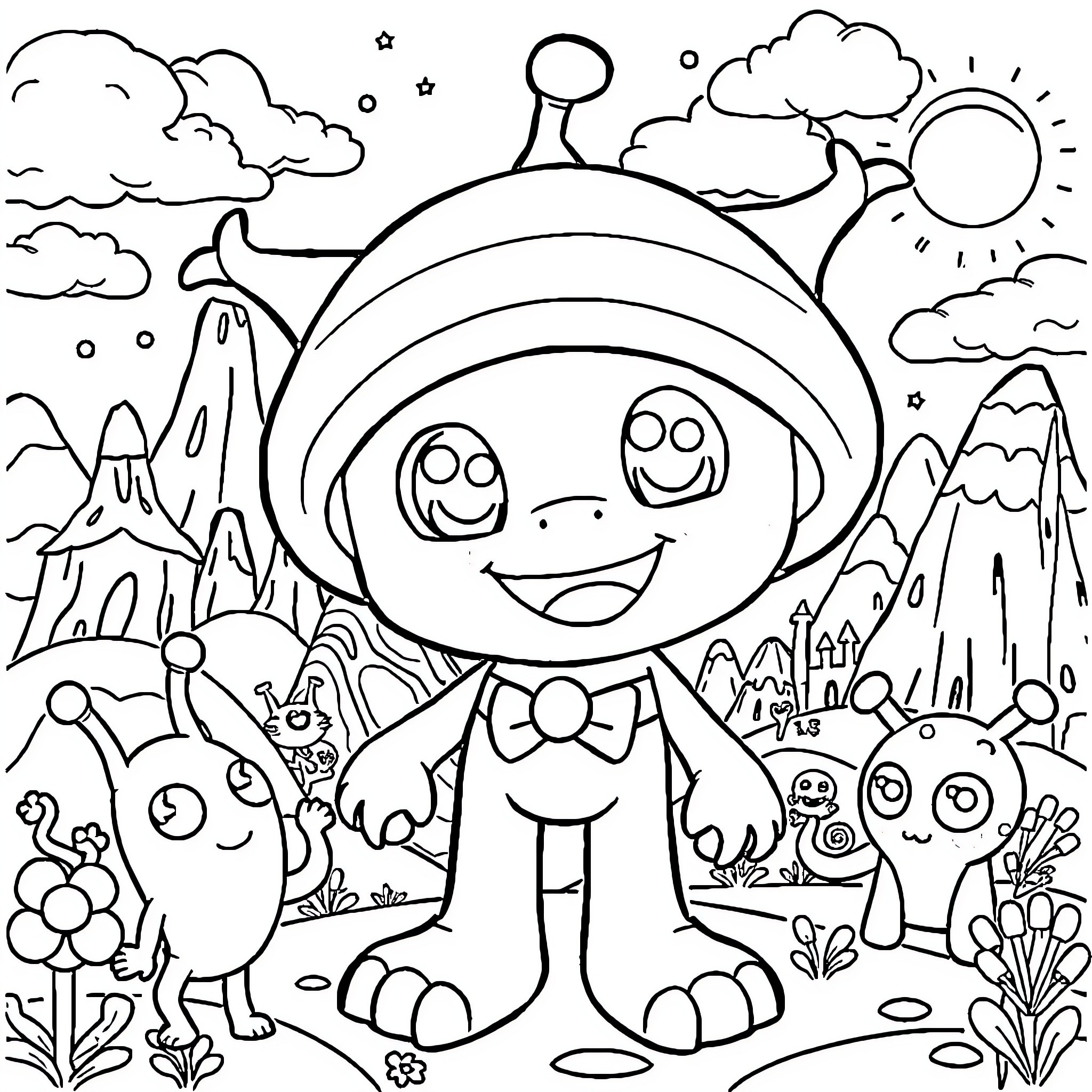 Yatta's Whimsical Adventure in the Enchanted Landscape Coloring Page (free black-and-white line drawing printable PDF for all, from beginners to advanced learners, including children, teens, adults, and seniors)