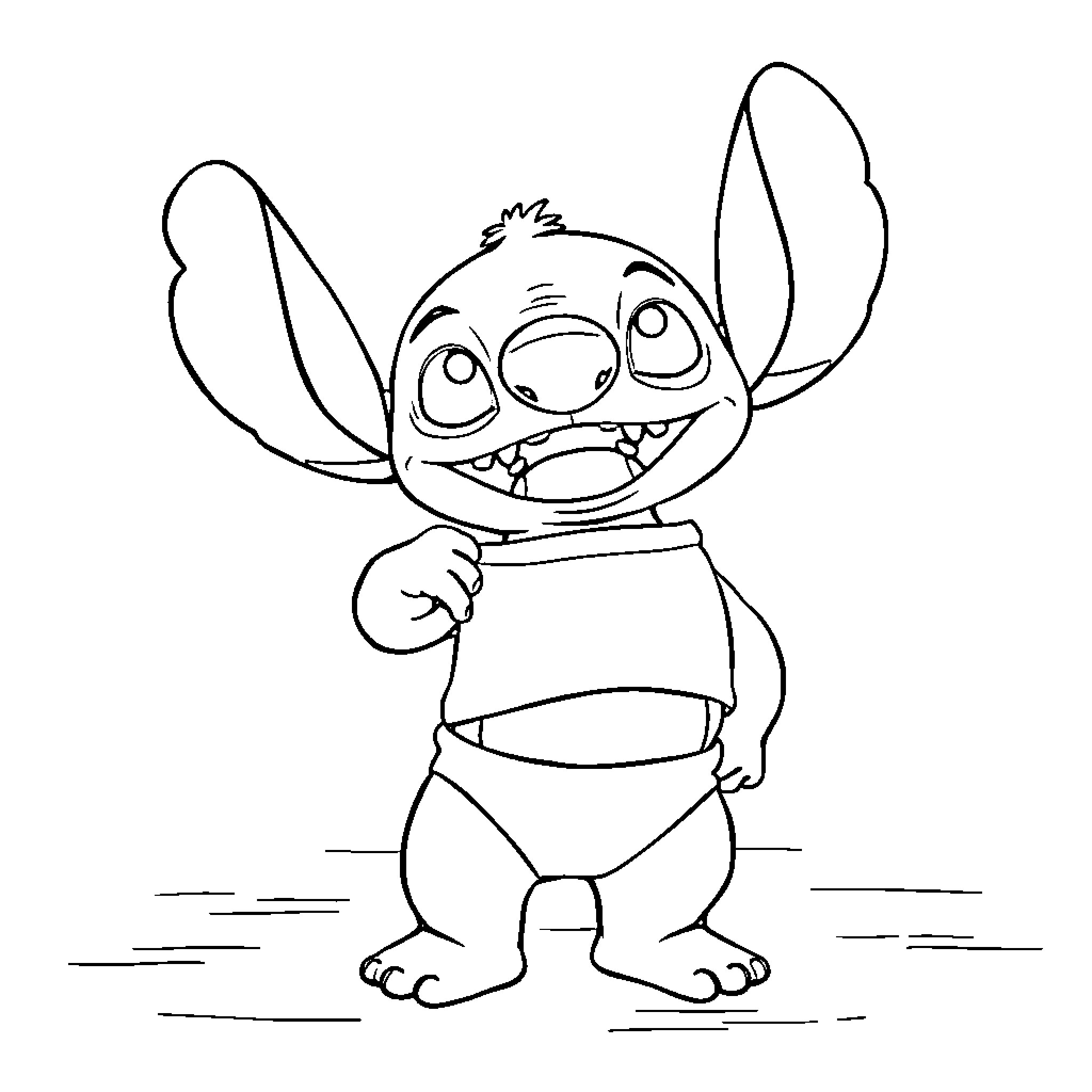 Stitch posing playfully in his outfit Coloring Page (free black-and-white line drawing printable PDF for all, from beginners to advanced learners, including children, teens, adults, and seniors)
