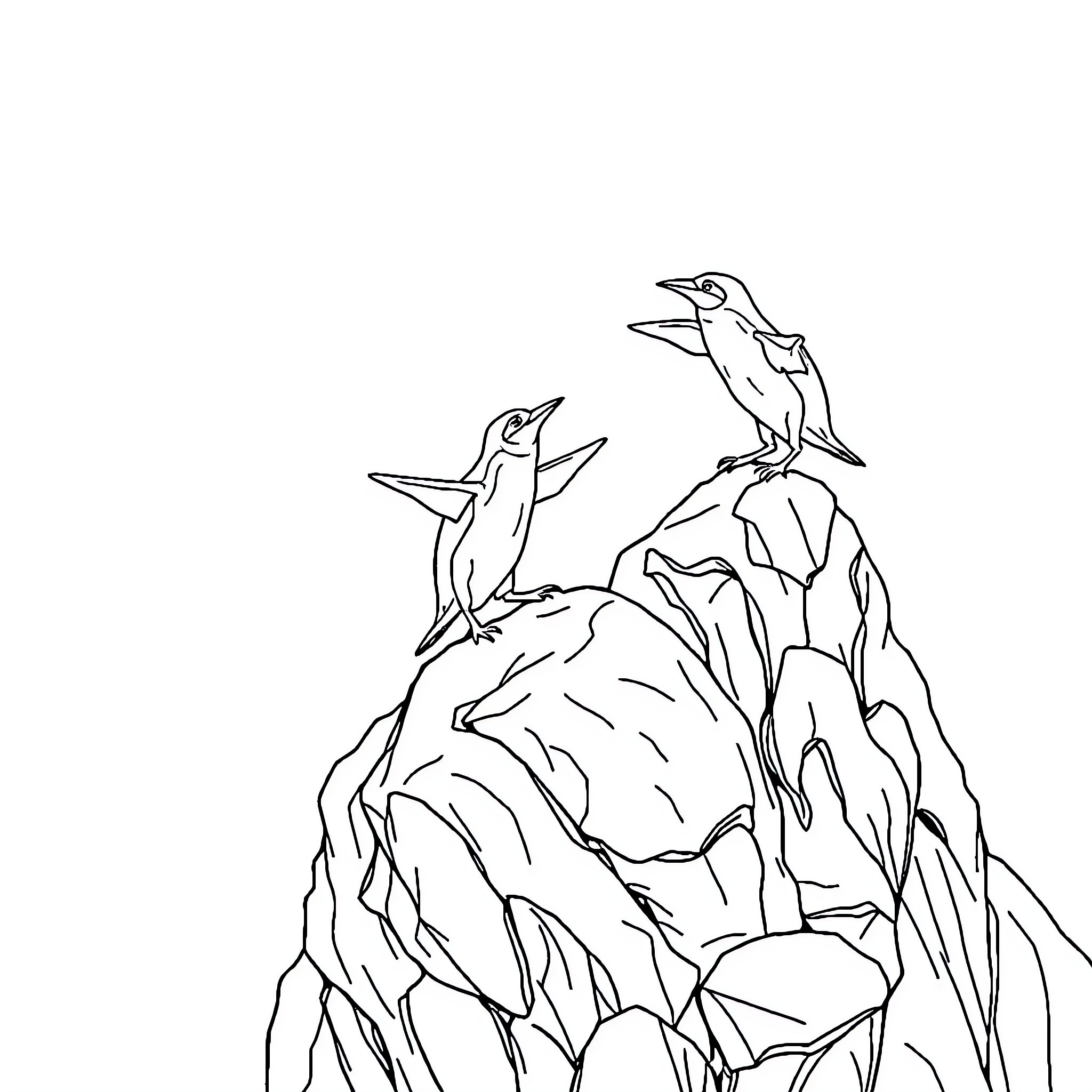 Monkey pair perched on jagged cliffs Coloring Page (free black-and-white line drawing printable PDF for all, from beginners to advanced learners, including children, teens, adults, and seniors)