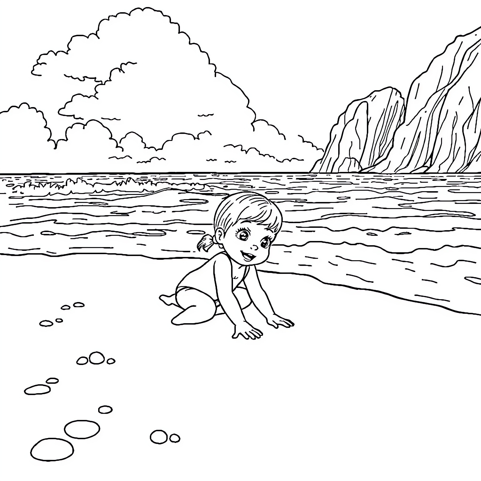 Gabby playing alone on the beach Coloring Page (free black-and-white line drawing printable PDF for all, from beginners to advanced learners, including children, teens, adults, and seniors)