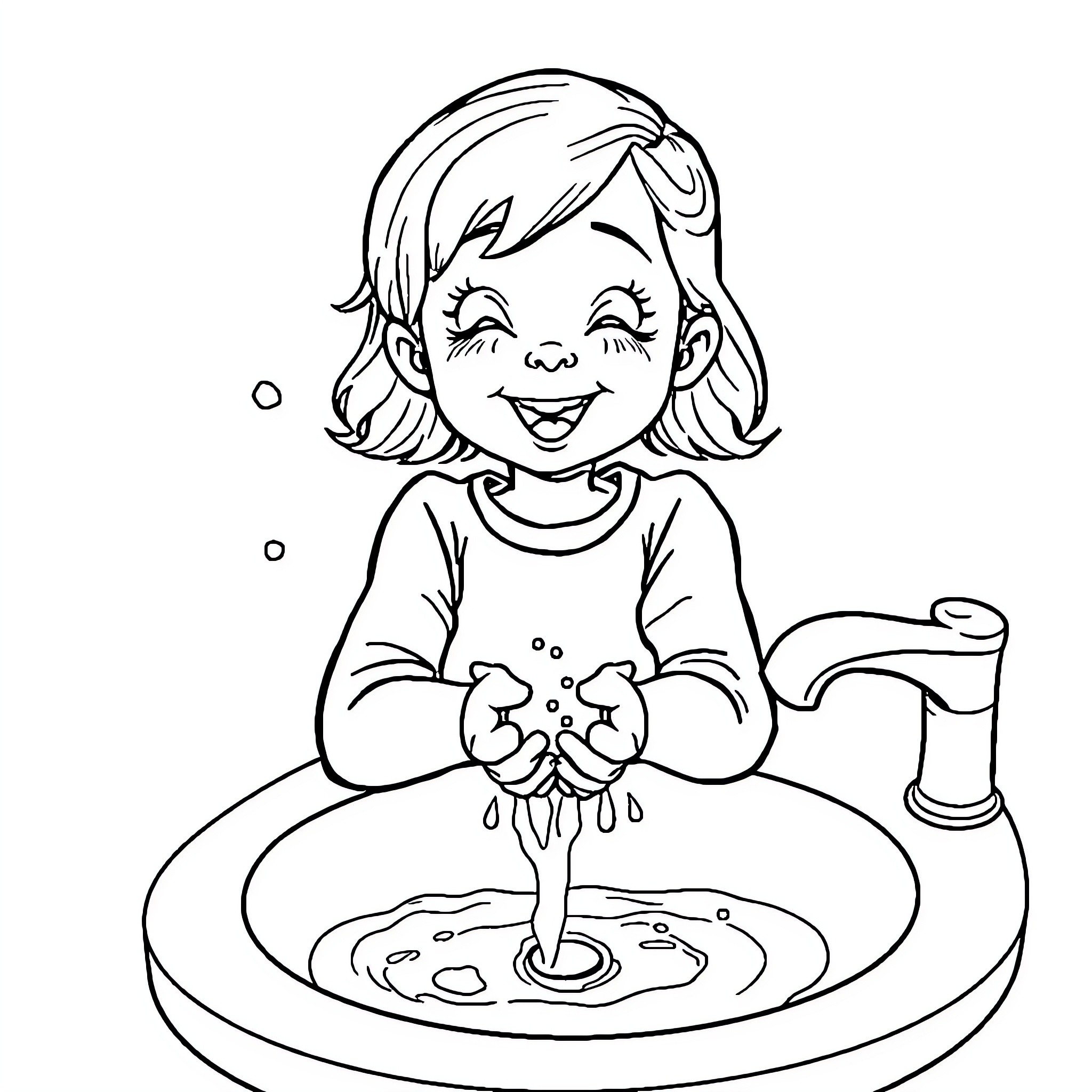 Girl happily washing hands in the sink Coloring Page (free black-and-white line drawing printable PDF for all, from beginners to advanced learners, including children, teens, adults, and seniors)