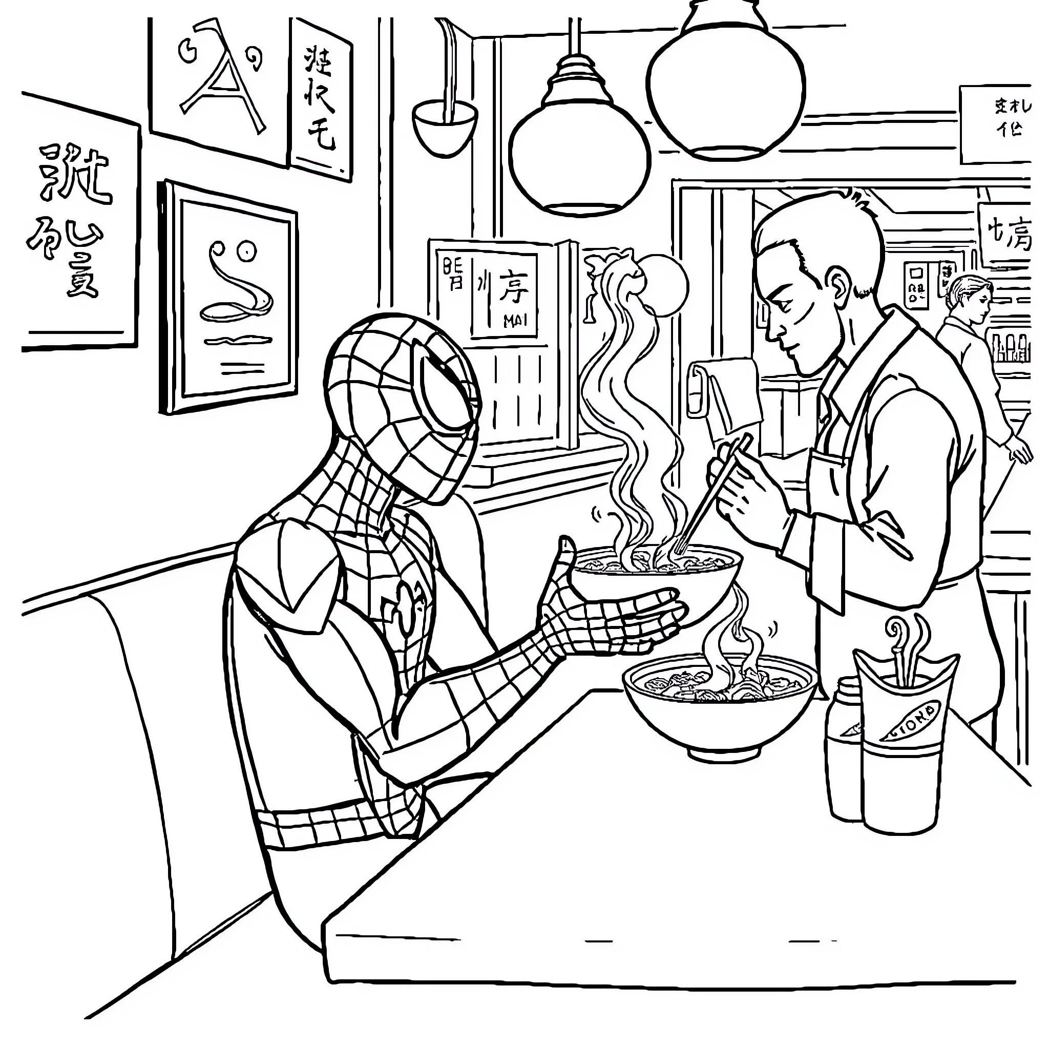 Spiderman enjoys hot ramen with a friend in a cozy noodle shop Coloring Page (free black-and-white line drawing printable PDF for all, from beginners to advanced learners, including children, teens, adults, and seniors)
