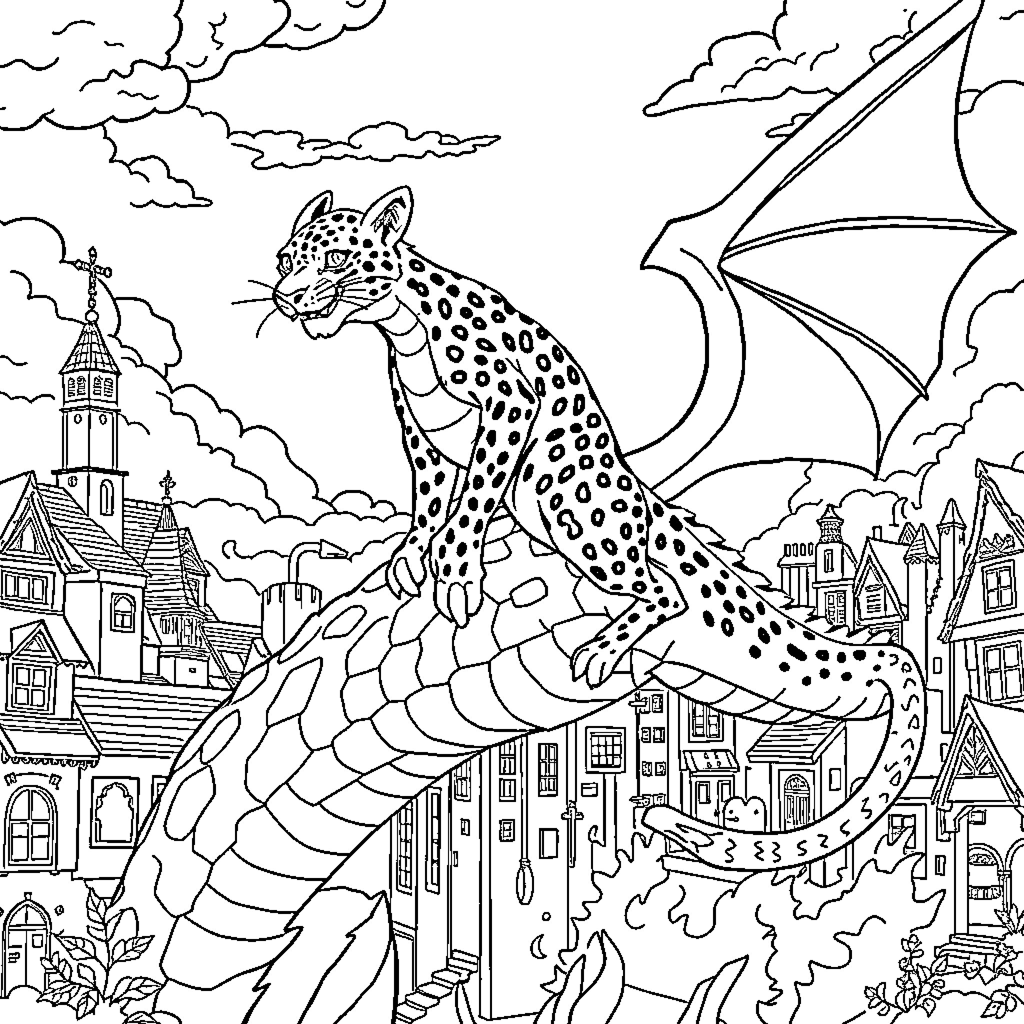 Cheetah soaring over a fantastical cityscape Coloring Page (free black-and-white line drawing printable PDF for all, from beginners to advanced learners, including children, teens, adults, and seniors)