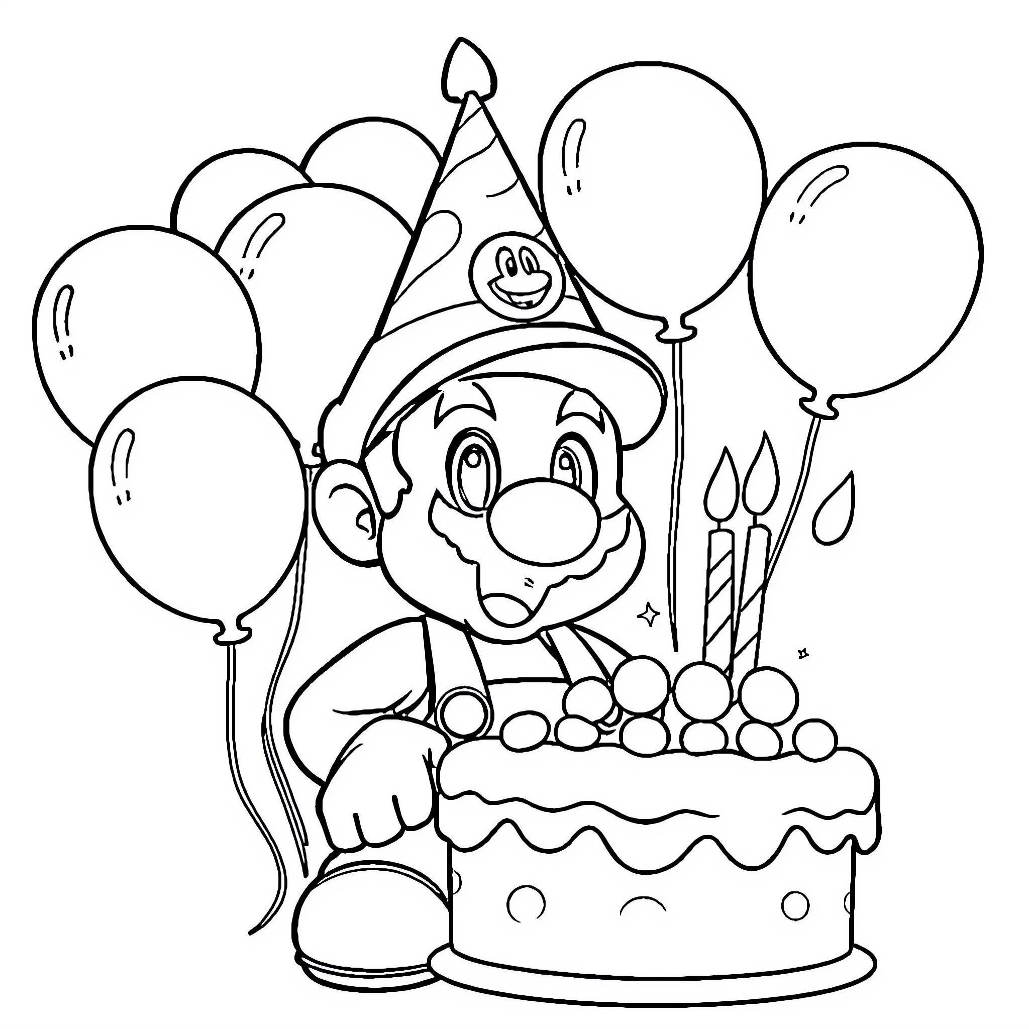 Super Mario Celebrating Birthday with Cake and Balloons Coloring Page (free black-and-white line drawing printable PDF for all, from beginners to advanced learners, including children, teens, adults, and seniors)