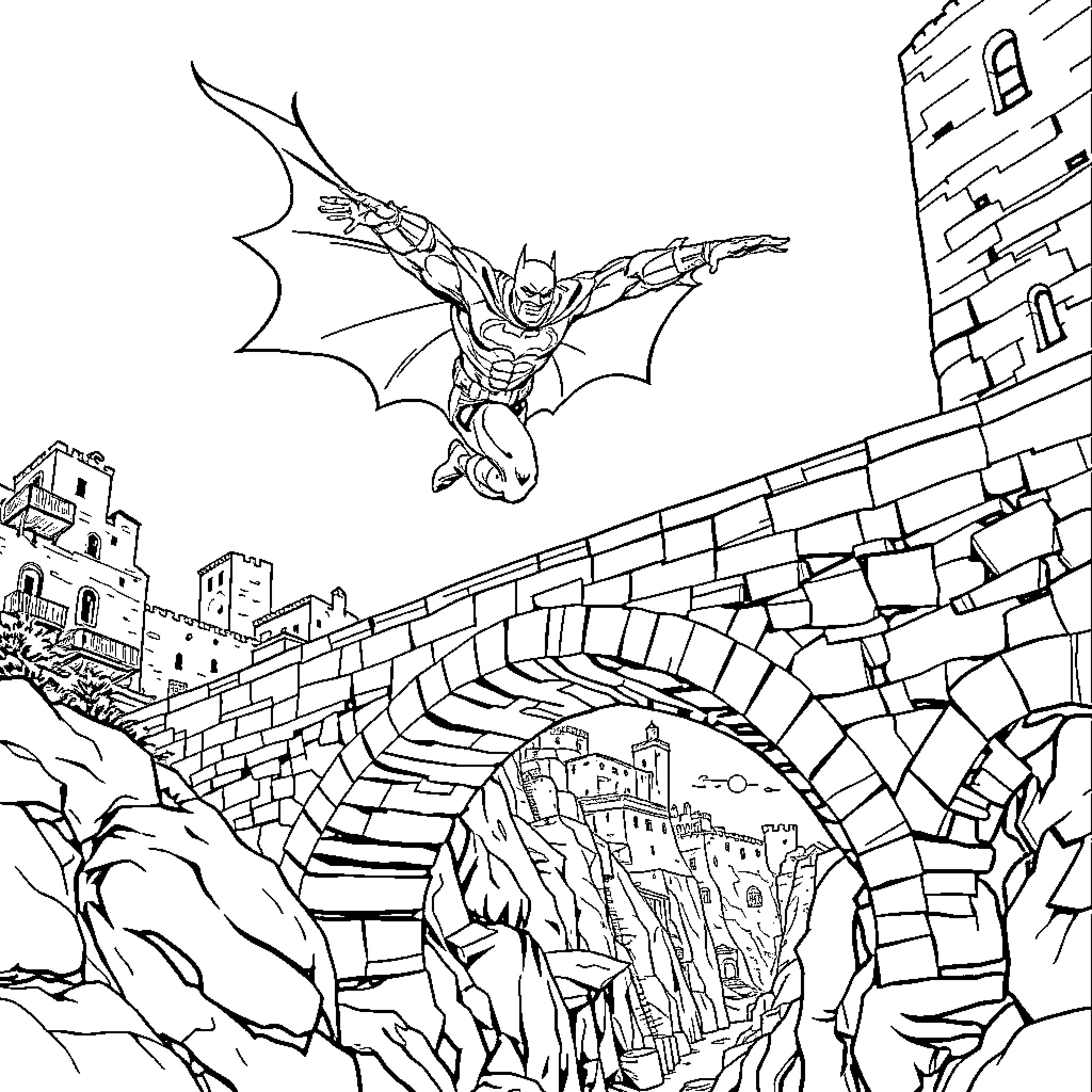 Batman soaring over the city in action-packed heroics Coloring Page (free black-and-white line drawing printable PDF for all, from beginners to advanced learners, including children, teens, adults, and seniors)