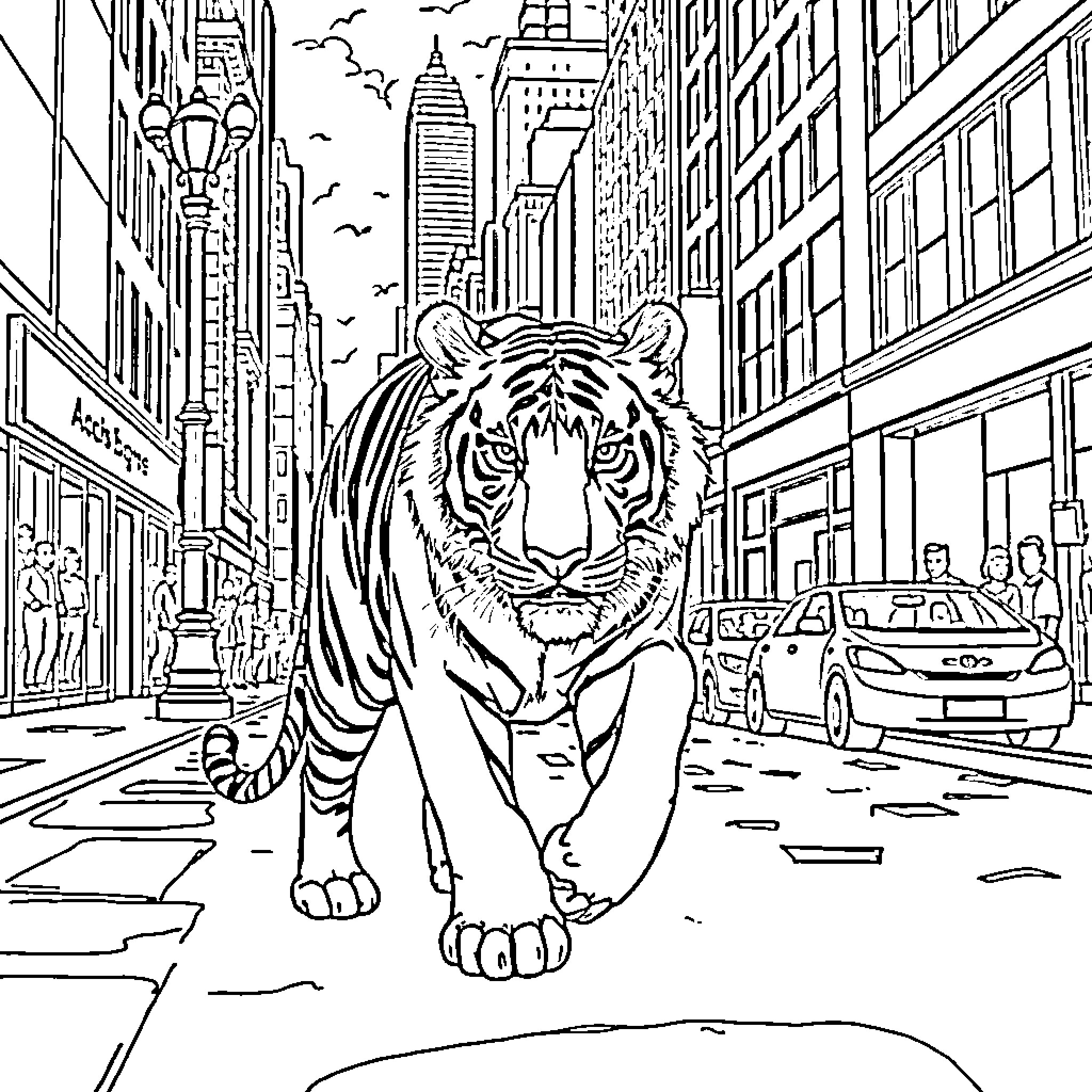 Tiger Stalking Through Urban Cityscape Coloring Page (free black-and-white line drawing printable PDF for all, from beginners to advanced learners, including children, teens, adults, and seniors)