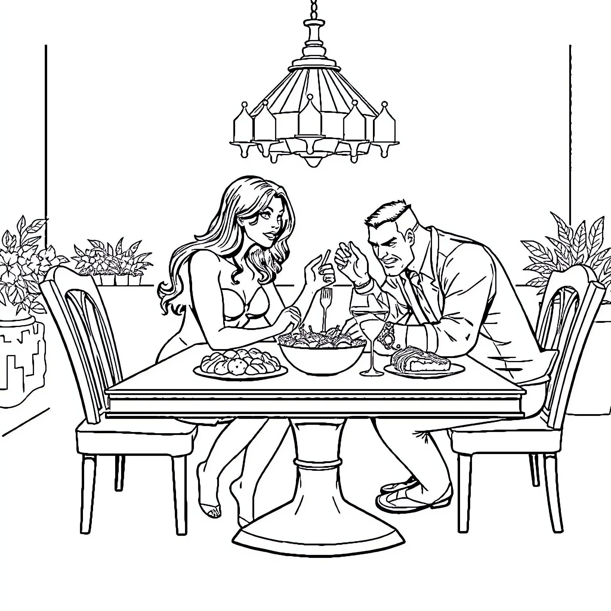 She-Hulk enjoying a romantic dinner with her partner Coloring Page (free black-and-white line drawing printable PDF for all, from beginners to advanced learners, including children, teens, adults, and seniors)