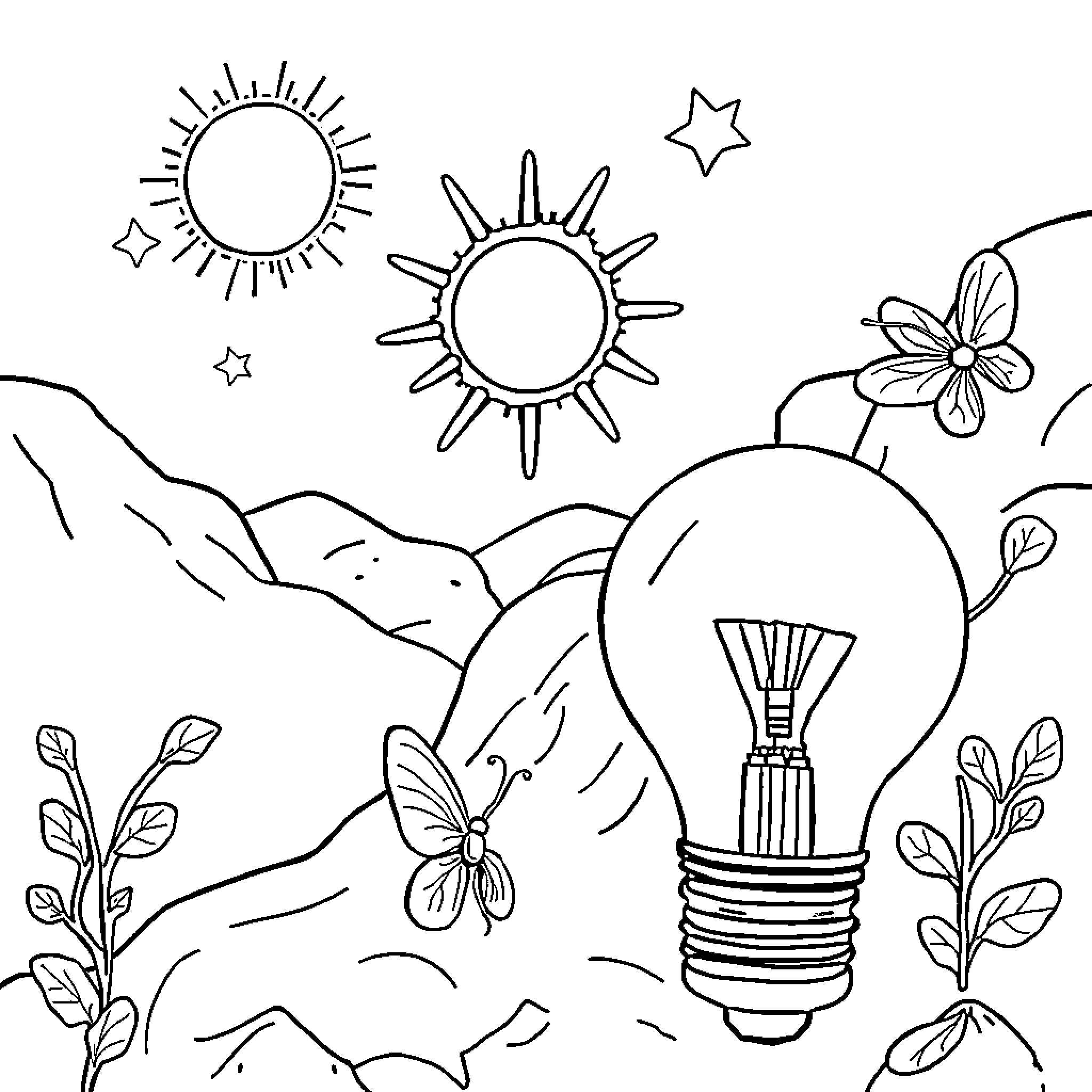 Light Source: Whimsical Landscape with Sun and Lightbulb Coloring Page (free black-and-white line drawing printable PDF for all, from beginners to advanced learners, including children, teens, adults, and seniors)