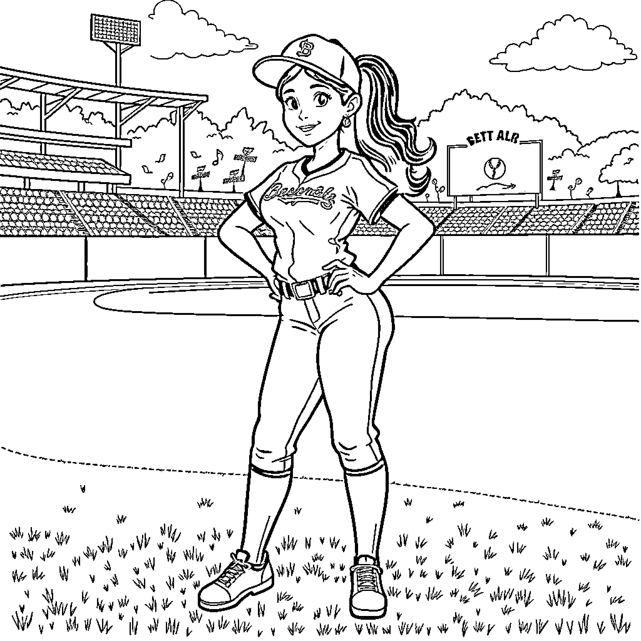 Elly Dell La Cruz playing softball in the stadium Coloring Page (free black-and-white line drawing printable PDF for all, from beginners to advanced learners, including children, teens, adults, and seniors)