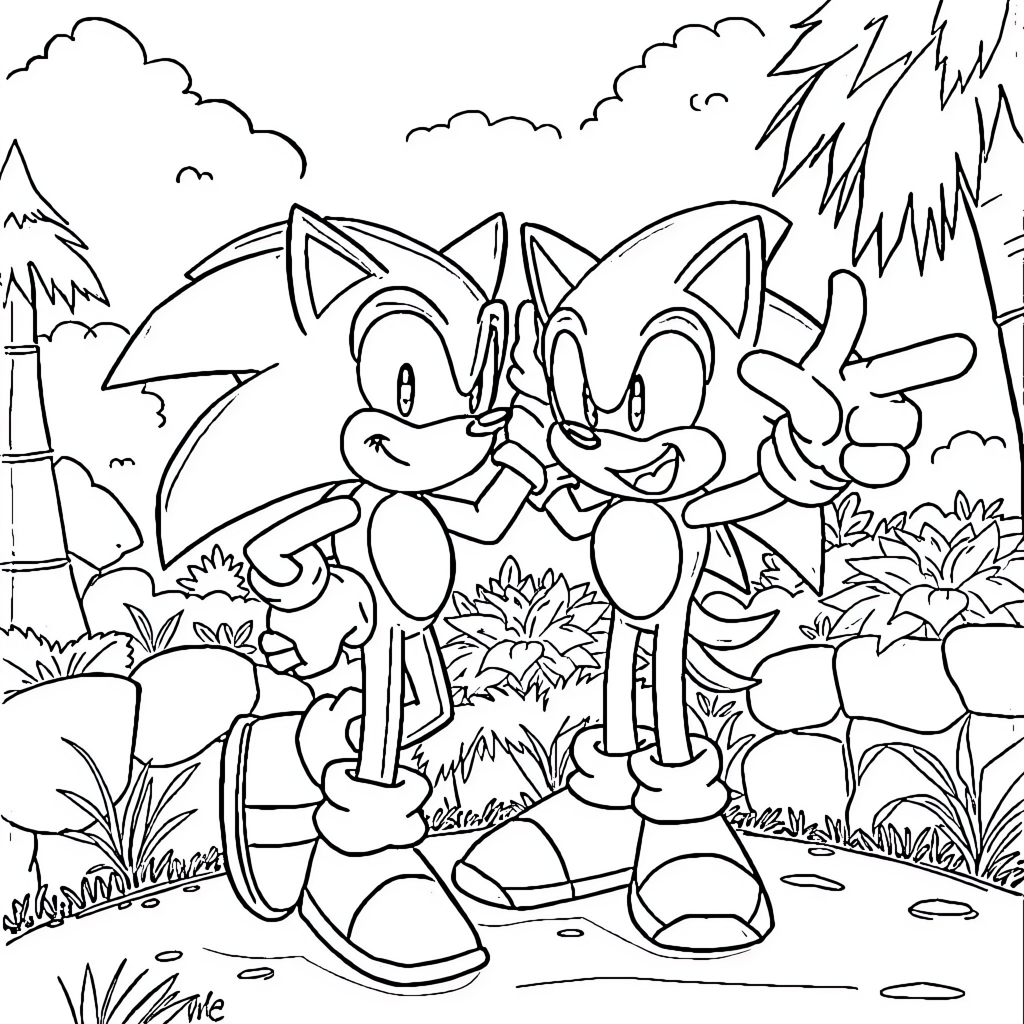 Sonic and friends explore the enchanting forest Coloring Page (free black-and-white line drawing printable PDF for all, from beginners to advanced learners, including children, teens, adults, and seniors)