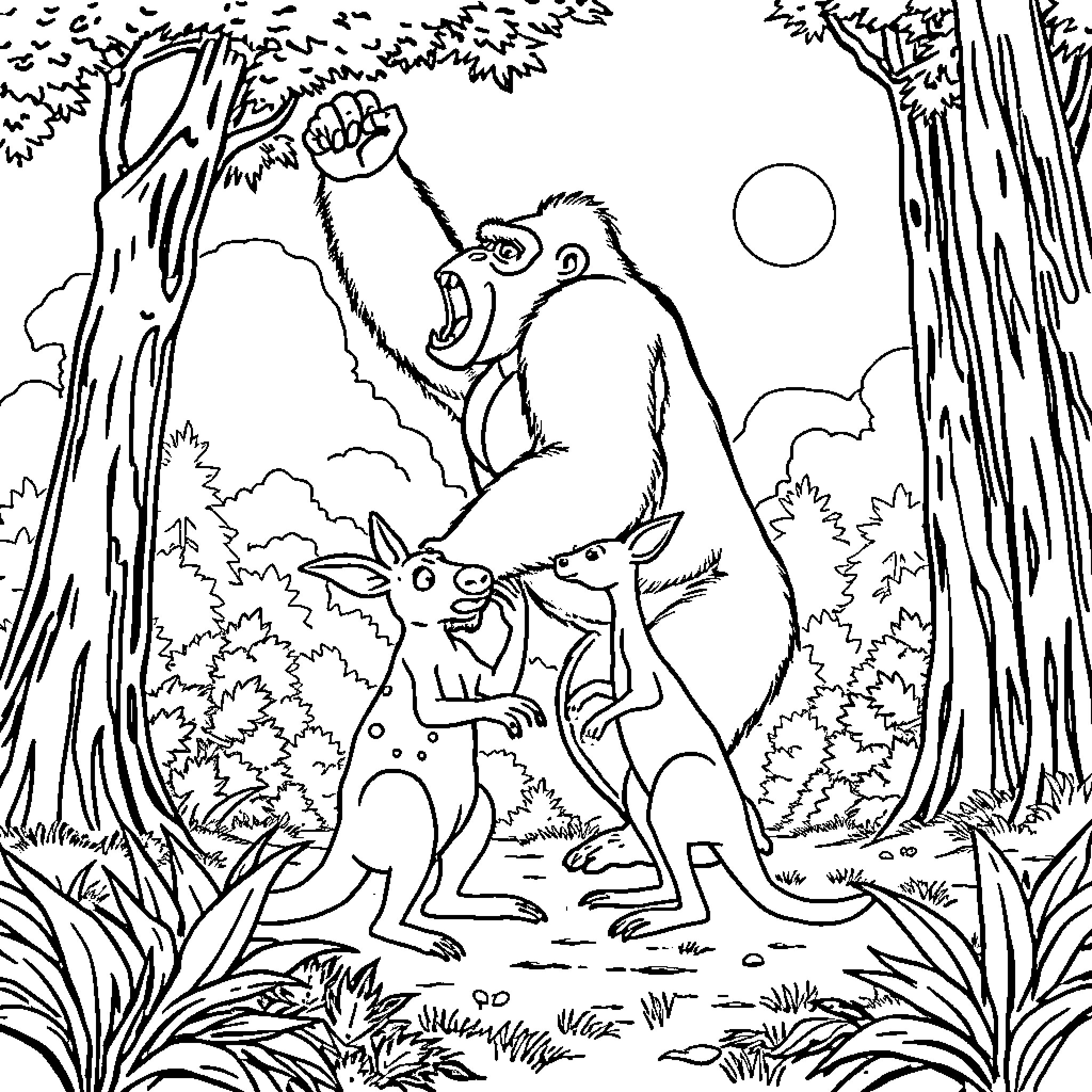 Gorilla and other animal interacting in forest Coloring Page (free black-and-white line drawing printable PDF for all, from beginners to advanced learners, including children, teens, adults, and seniors)