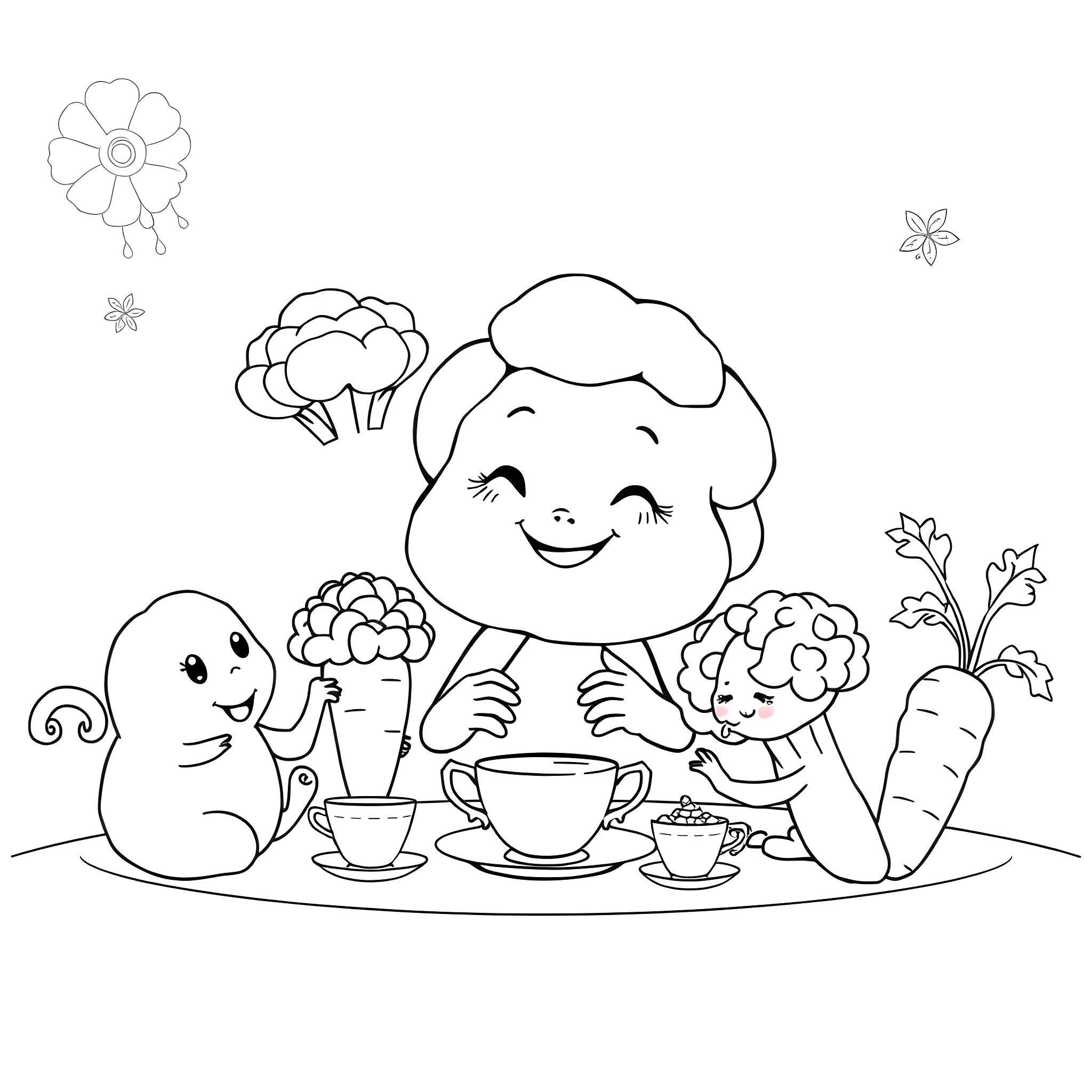 Cauliflower enjoying a tea party with cute veggie friends Coloring Page (free black-and-white line drawing printable PDF for all, from beginners to advanced learners, including children, teens, adults, and seniors)