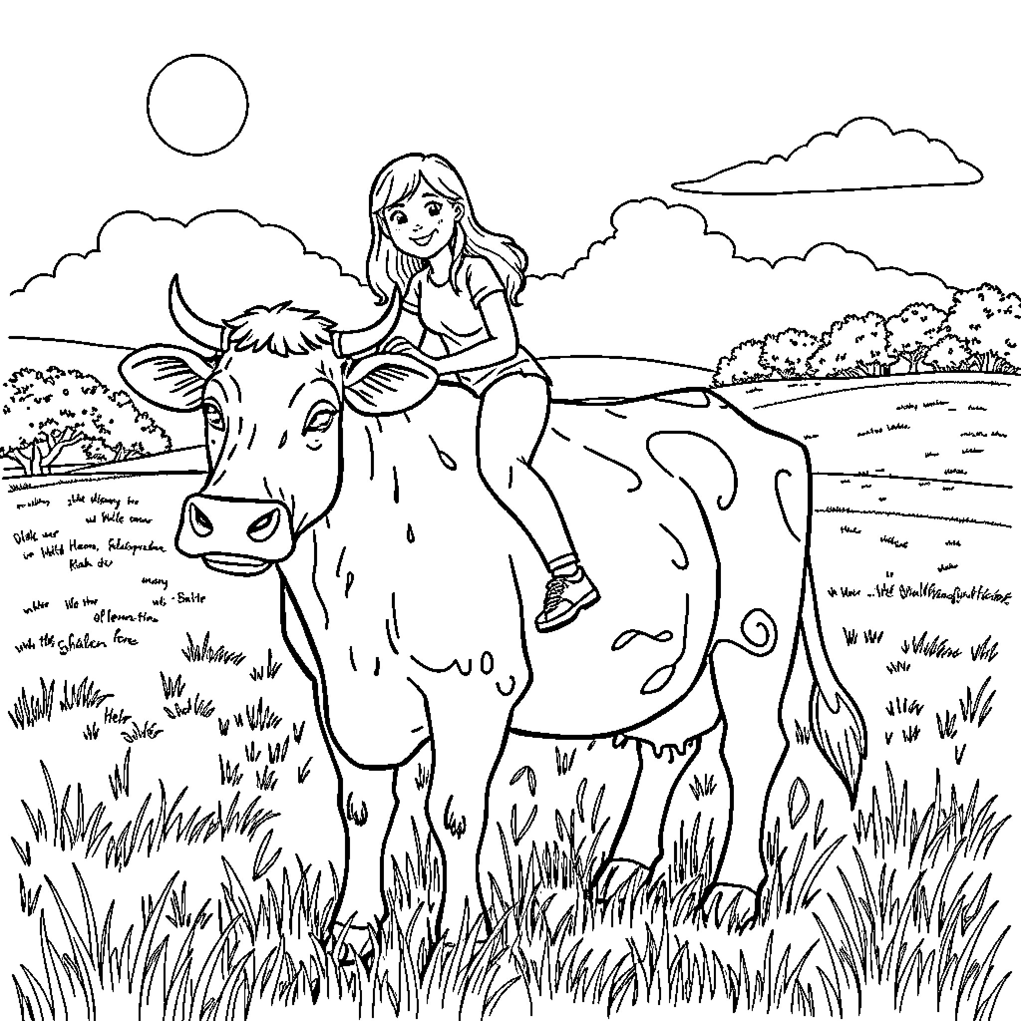 Cow and girl in pastoral scene Coloring Page (free black-and-white line drawing printable PDF for all, from beginners to advanced learners, including children, teens, adults, and seniors)