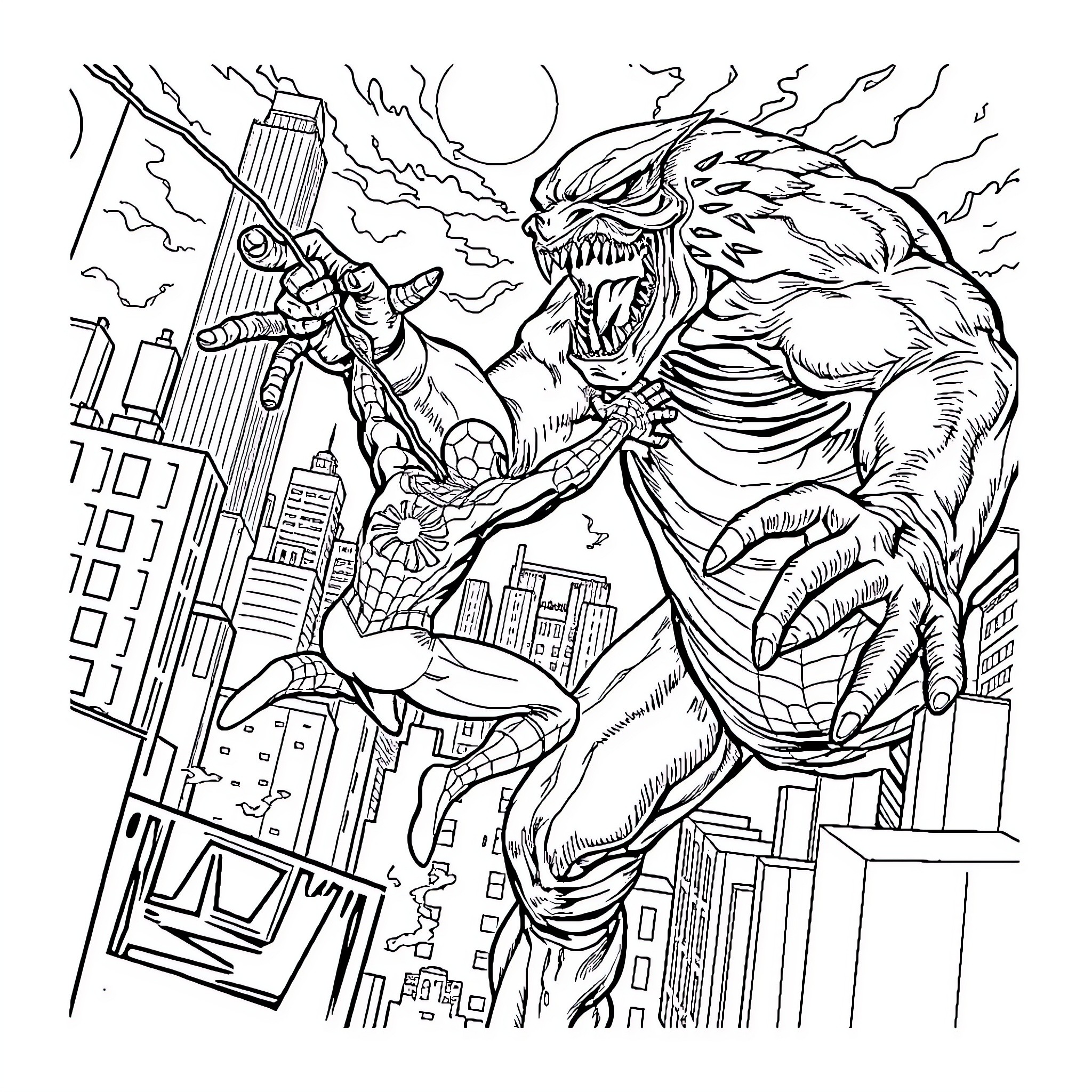 Spiderman confronting a monstrous villain in the city Coloring Page (free black-and-white line drawing printable PDF for all, from beginners to advanced learners, including children, teens, adults, and seniors)