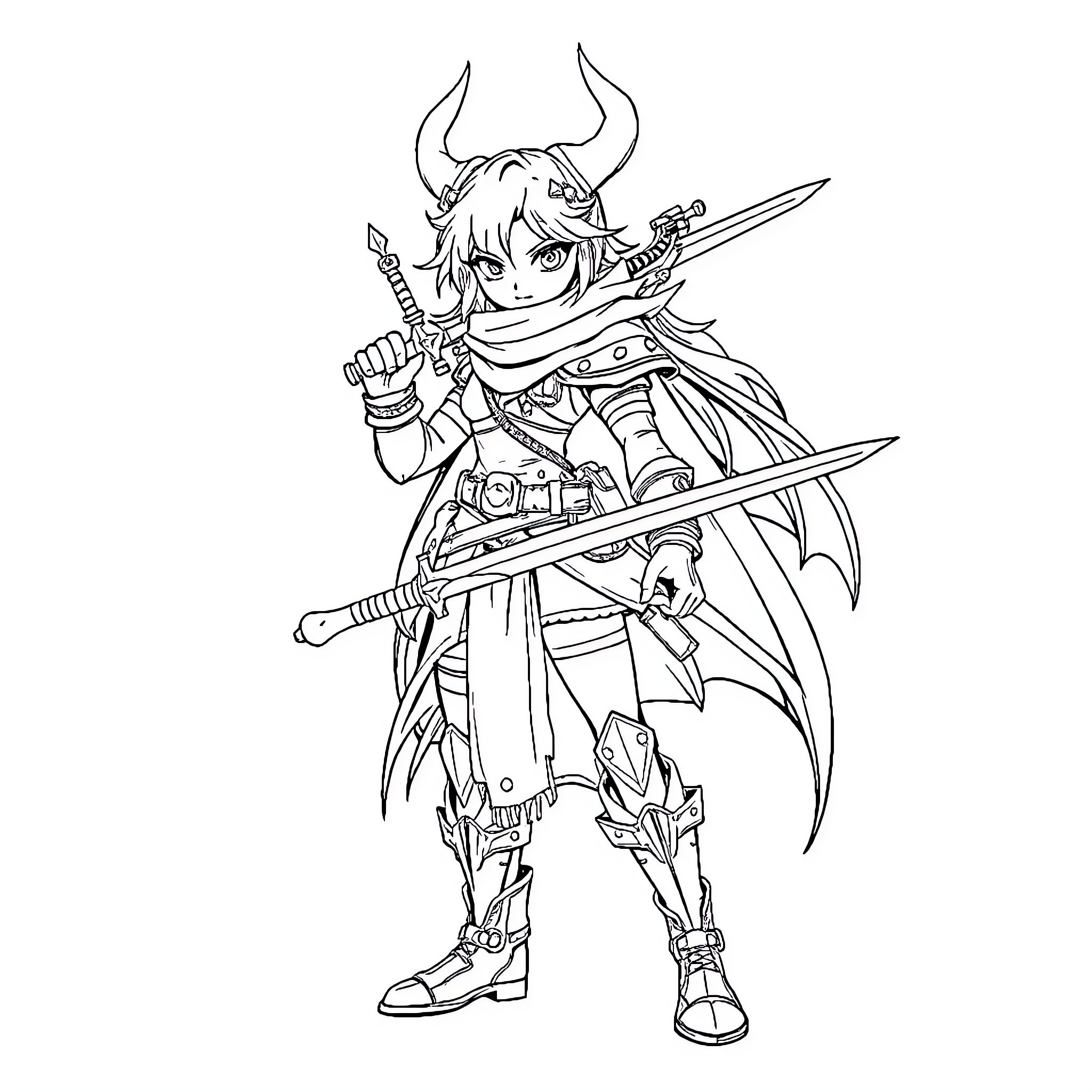 Mira's Heroic Stance with Weapons and Armor Coloring Page (free black-and-white line drawing printable PDF for all, from beginners to advanced learners, including children, teens, adults, and seniors)
