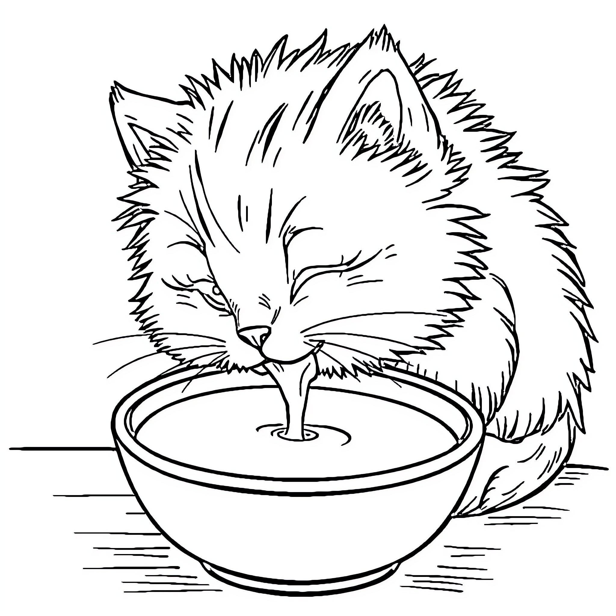 Cat drinking from bowl Coloring Page (free black-and-white line drawing printable PDF for all, from beginners to advanced learners, including children, teens, adults, and seniors)