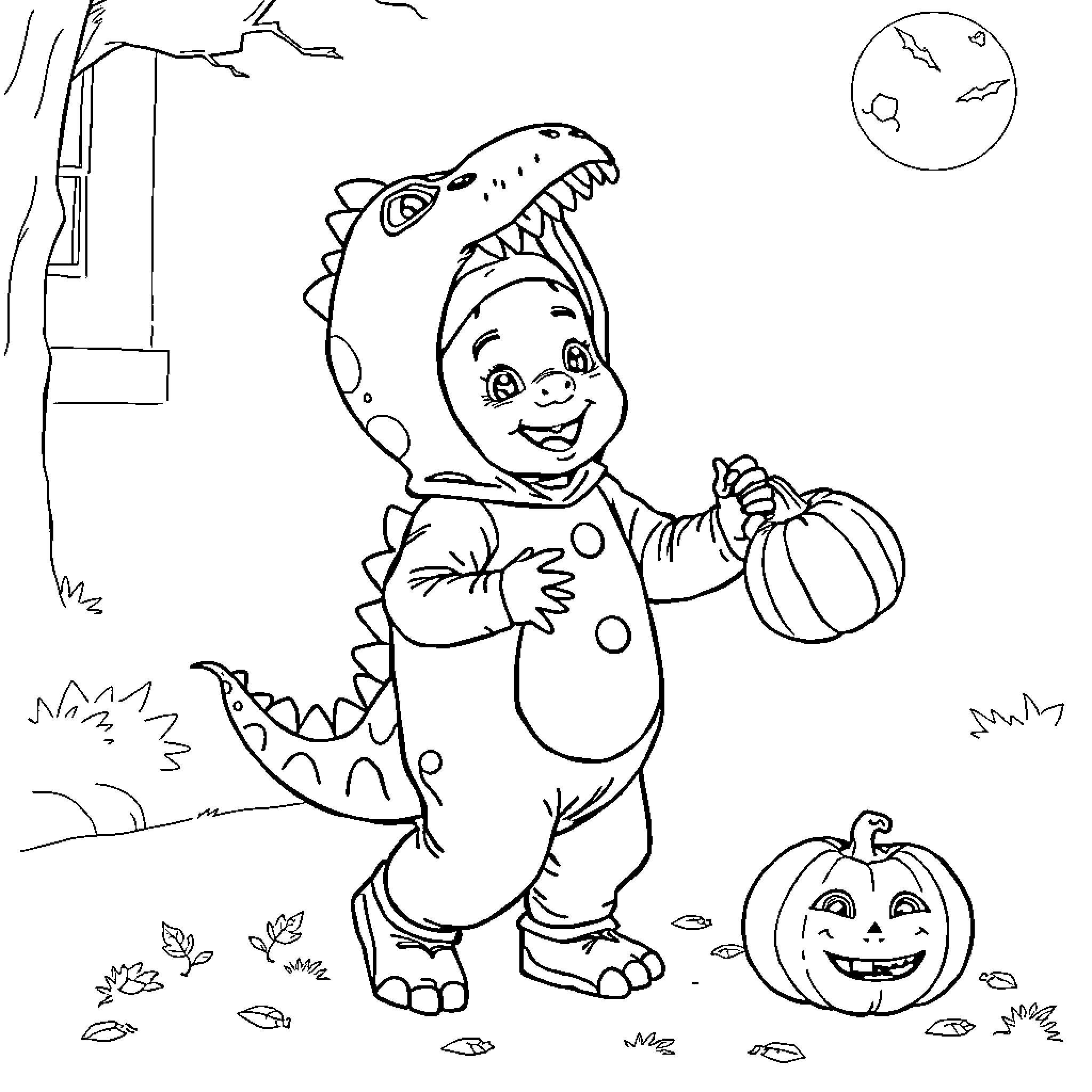 Dinosaur child in Halloween costume with pumpkin Coloring Page (free black-and-white line drawing printable PDF for all, from beginners to advanced learners, including children, teens, adults, and seniors)