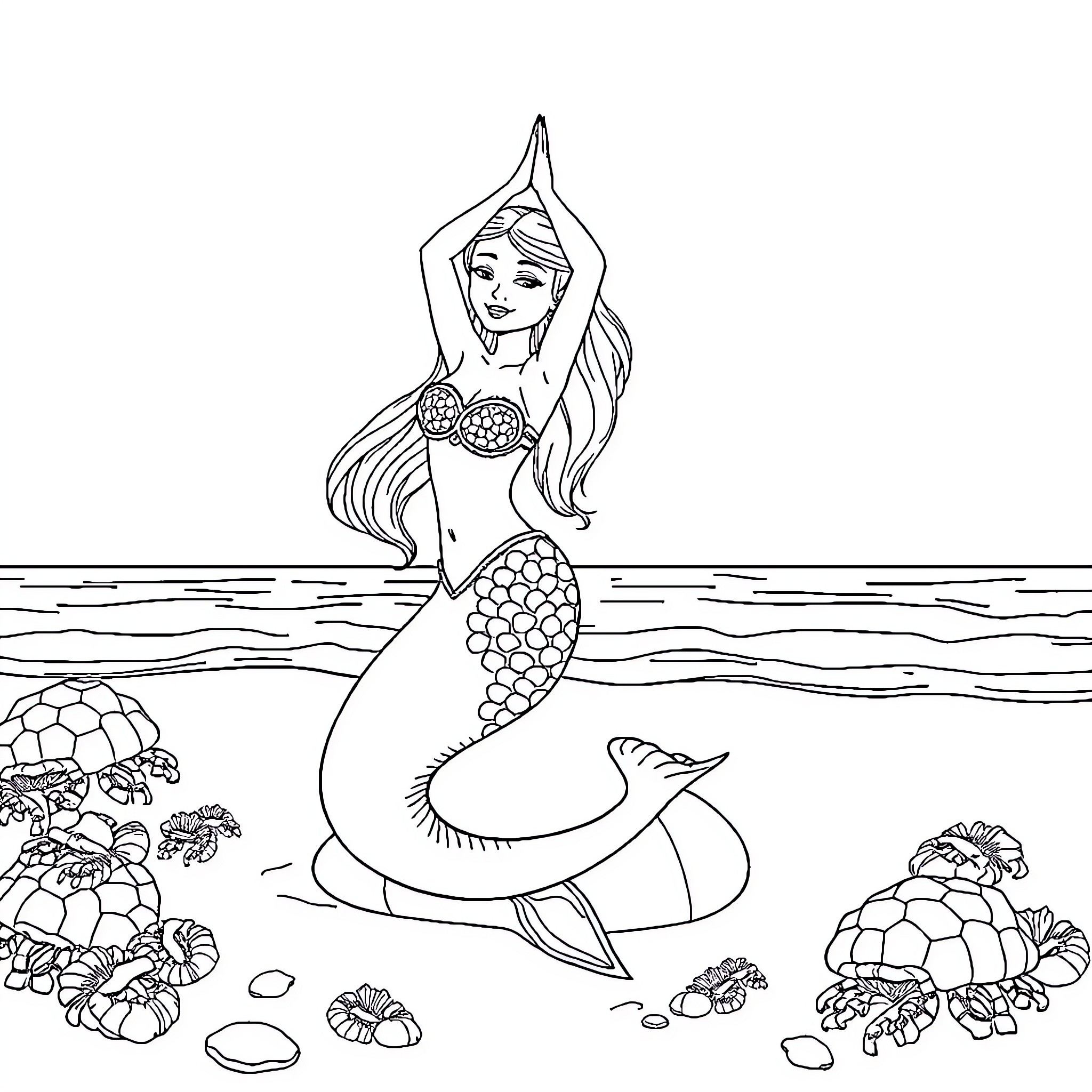 Ariel the Mermaid Posing in the Ocean Coloring Page (free black-and-white line drawing printable PDF for all, from beginners to advanced learners, including children, teens, adults, and seniors)