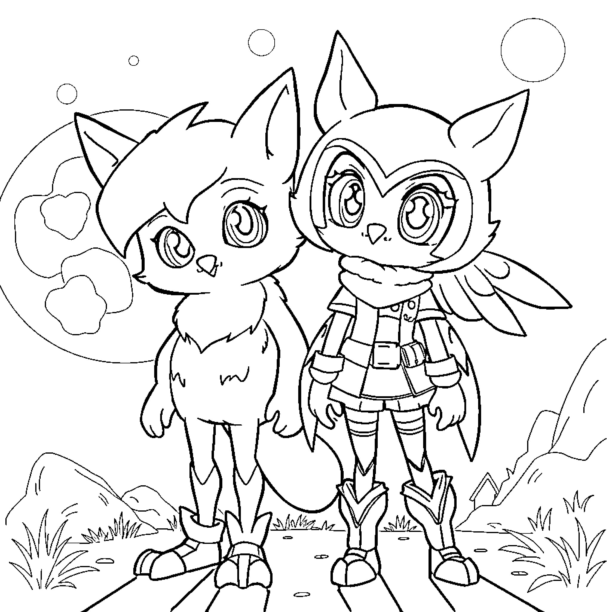 Yu and Owlette in Playful Embrace Coloring Page (free black-and-white line drawing printable PDF for all, from beginners to advanced learners, including children, teens, adults, and seniors)