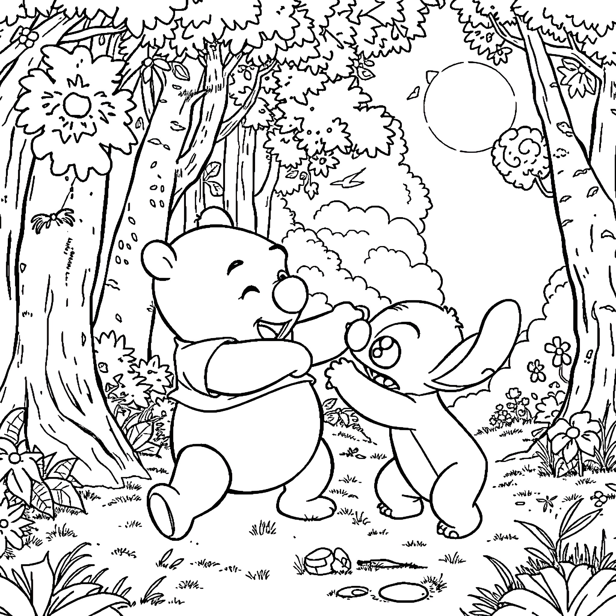 Pooh Bear and friends explore the enchanting forest Coloring Page (free black-and-white line drawing printable PDF for all, from beginners to advanced learners, including children, teens, adults, and seniors)