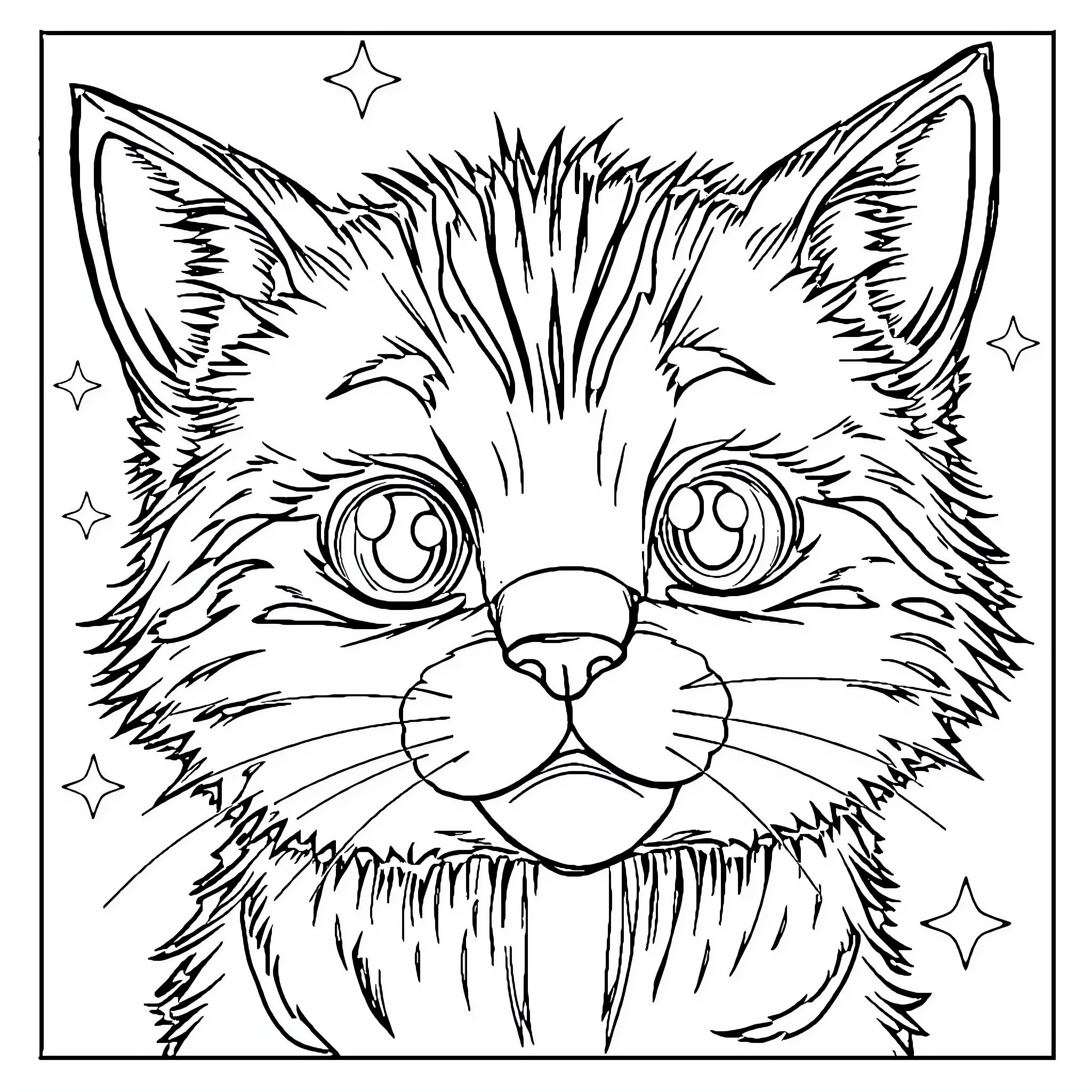 Eye-Catching Feline Visage Coloring Page (free black-and-white line drawing printable PDF for all, from beginners to advanced learners, including children, teens, adults, and seniors)