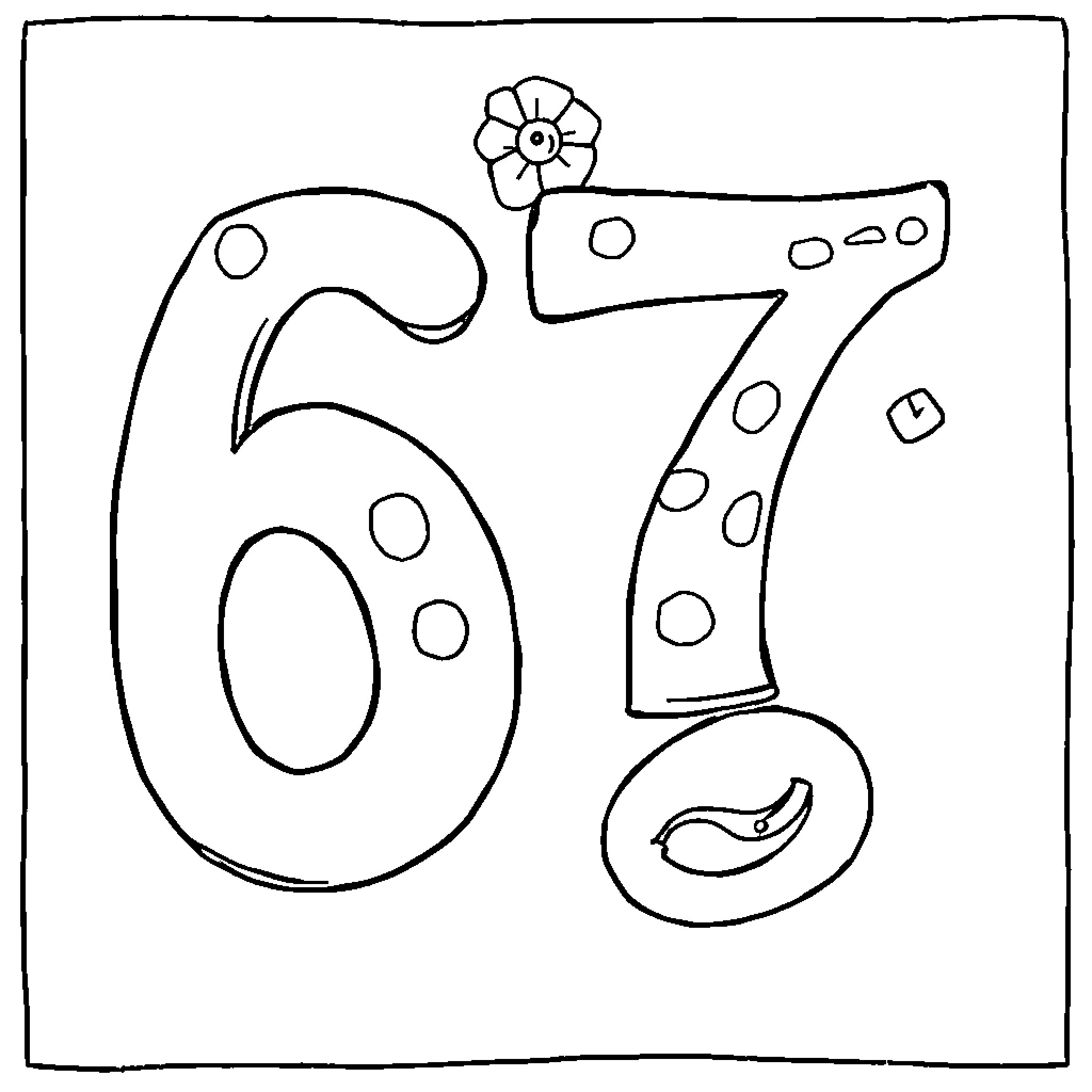 Number 67 with Flower Decoration Coloring Page (free black-and-white line drawing printable PDF for all, from beginners to advanced learners, including children, teens, adults, and seniors)