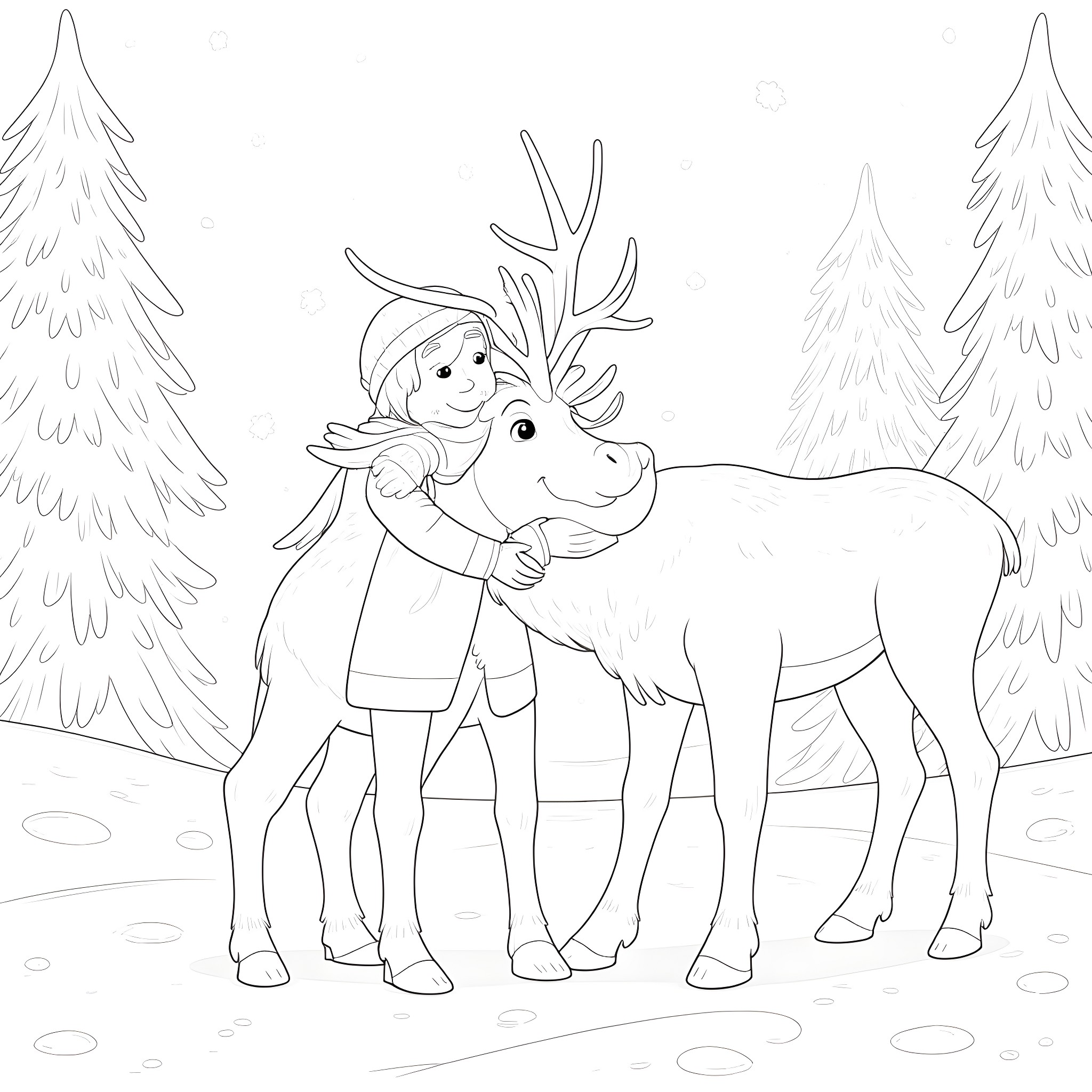 Kristoff and his reindeer friend in the snowy forest Coloring Page (free black-and-white line drawing printable PDF for all, from beginners to advanced learners, including children, teens, adults, and seniors)