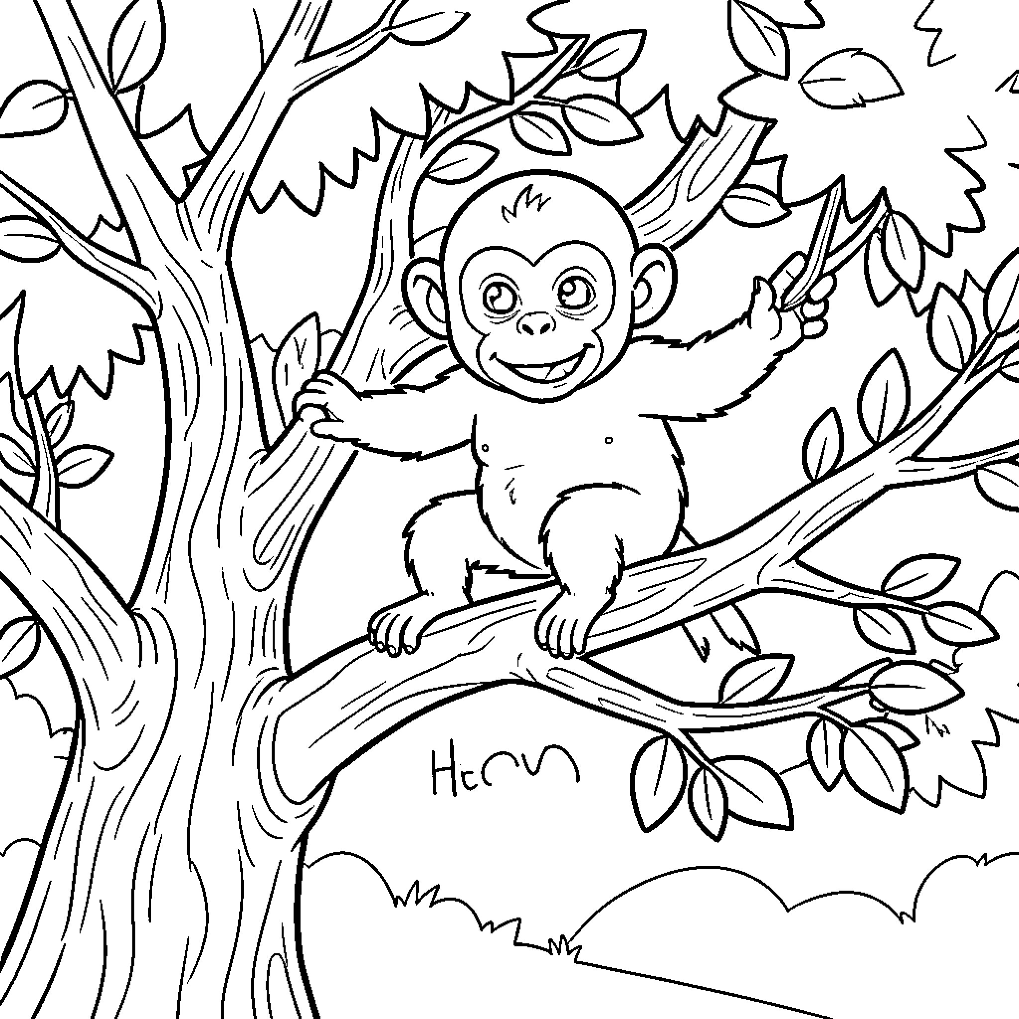 Hector the Playful Monkey in the Lush Jungle Coloring Page (free black-and-white line drawing printable PDF for all, from beginners to advanced learners, including children, teens, adults, and seniors)