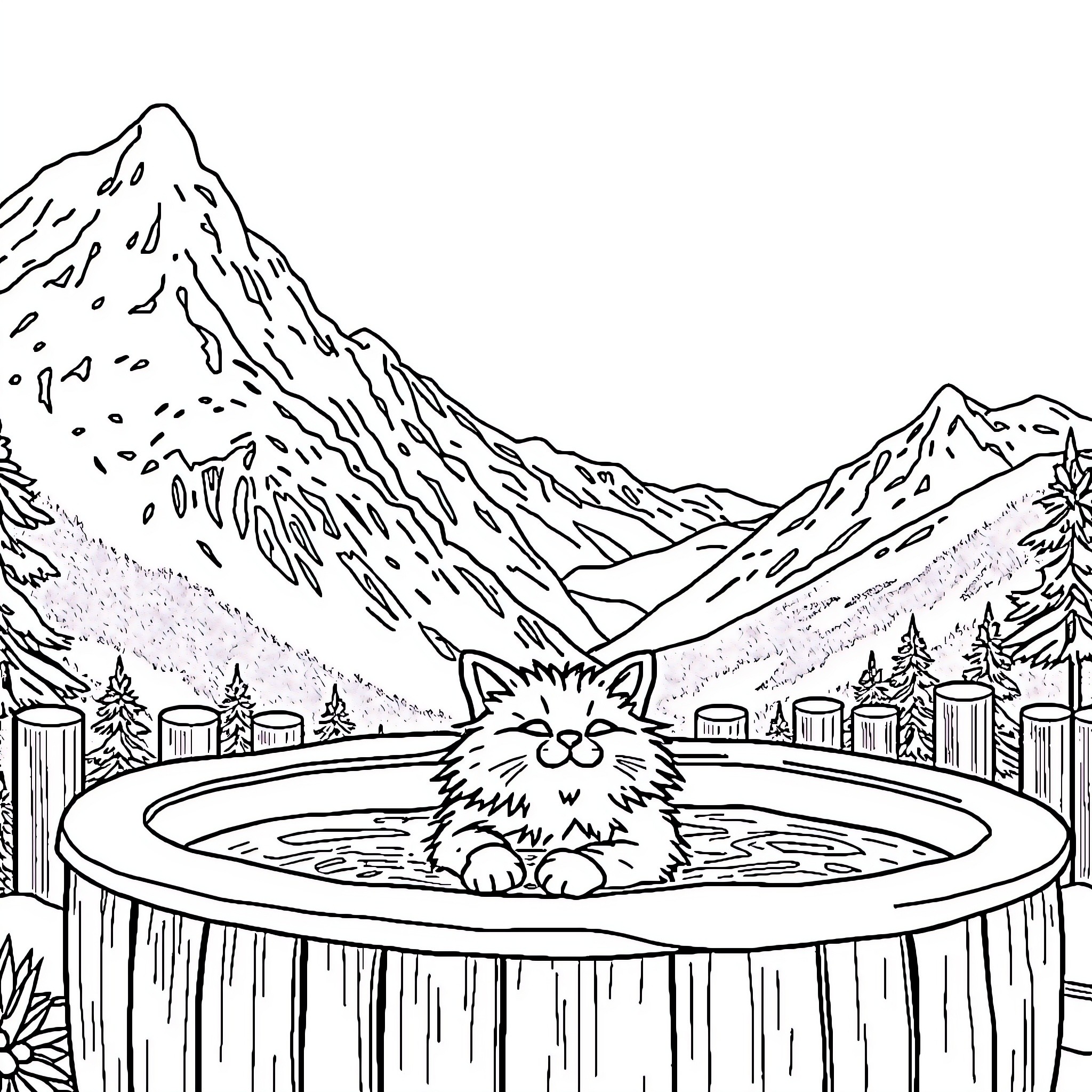 Cat relaxing in mountain hot spring Coloring Page (free black-and-white line drawing printable PDF for all, from beginners to advanced learners, including children, teens, adults, and seniors)