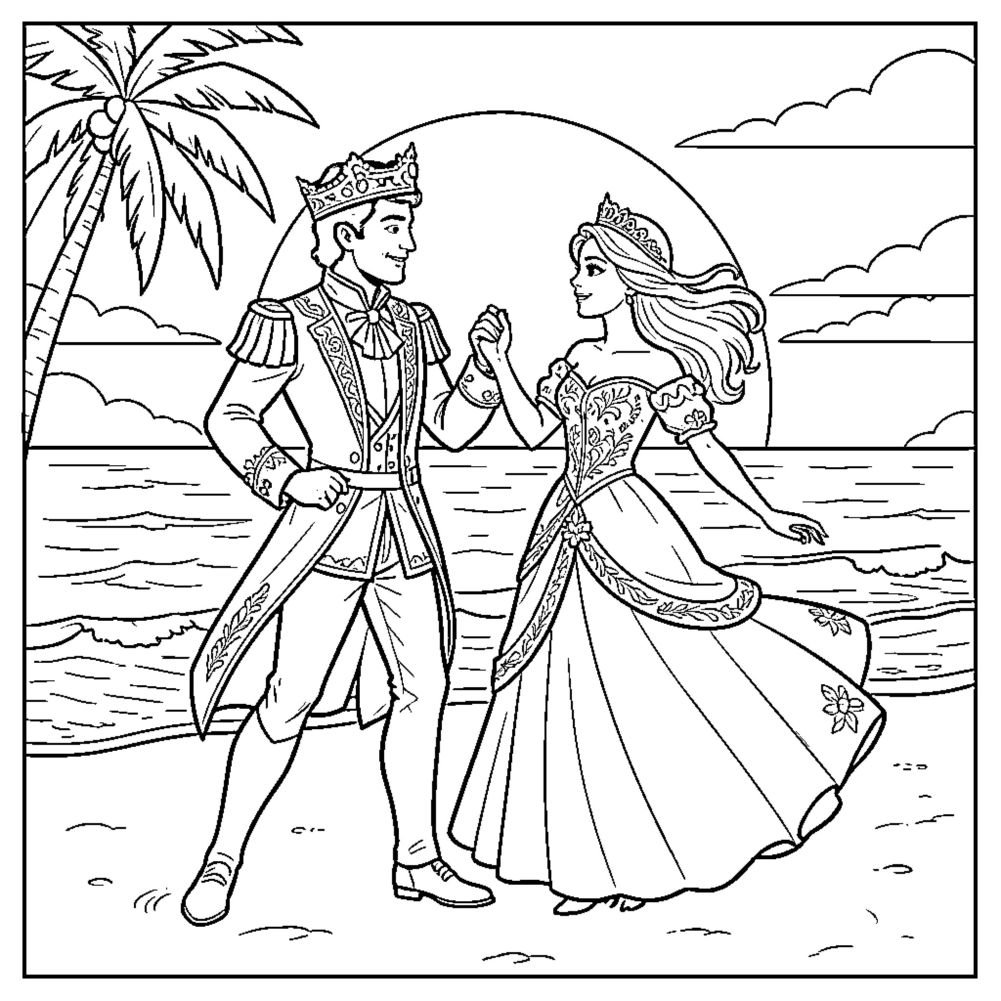Prince and princess holding hands on a beach Coloring Page (free black-and-white line drawing printable PDF for all, from beginners to advanced learners, including children, teens, adults, and seniors)