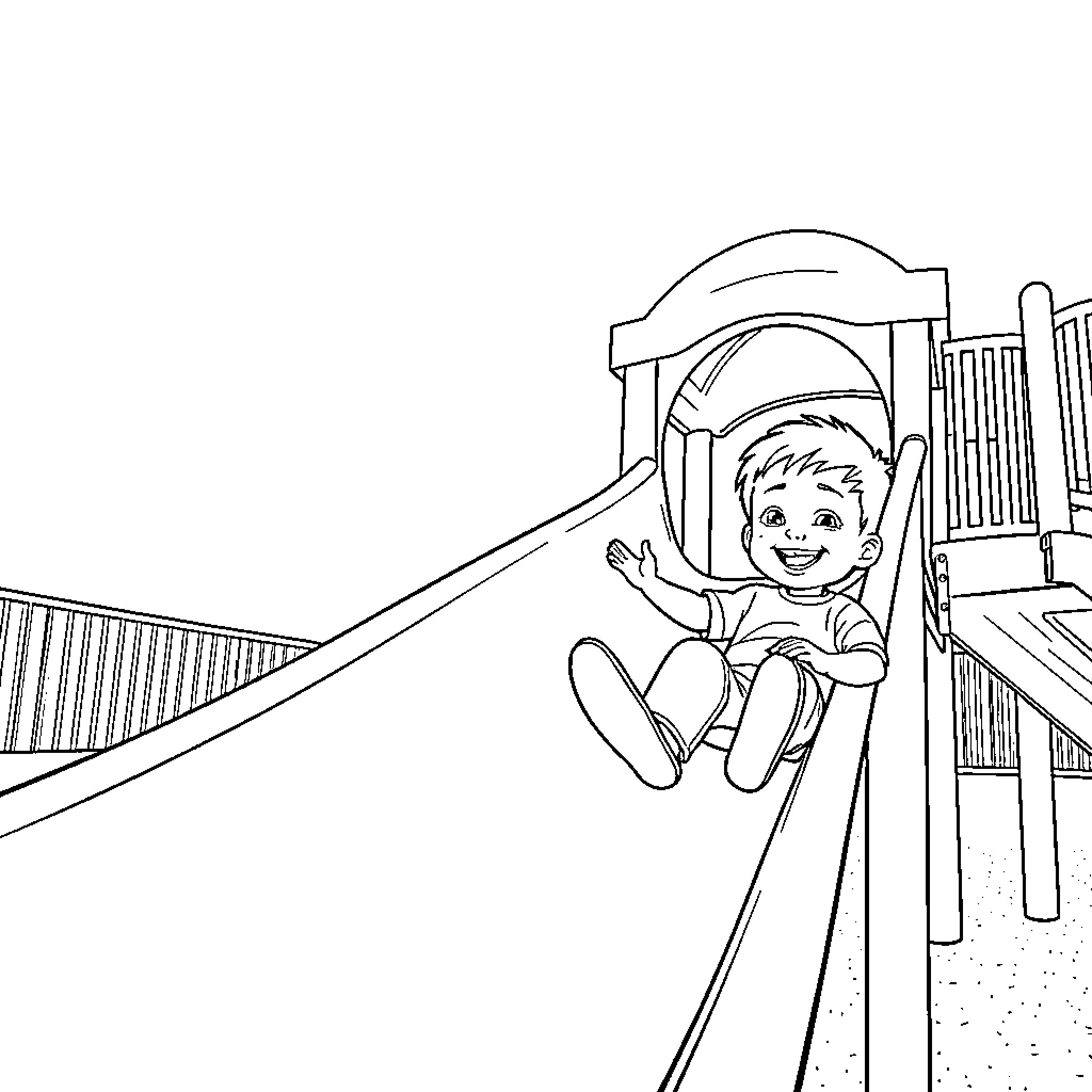 Boy playing happily on the playground slide Coloring Page (free black-and-white line drawing printable PDF for all, from beginners to advanced learners, including children, teens, adults, and seniors)