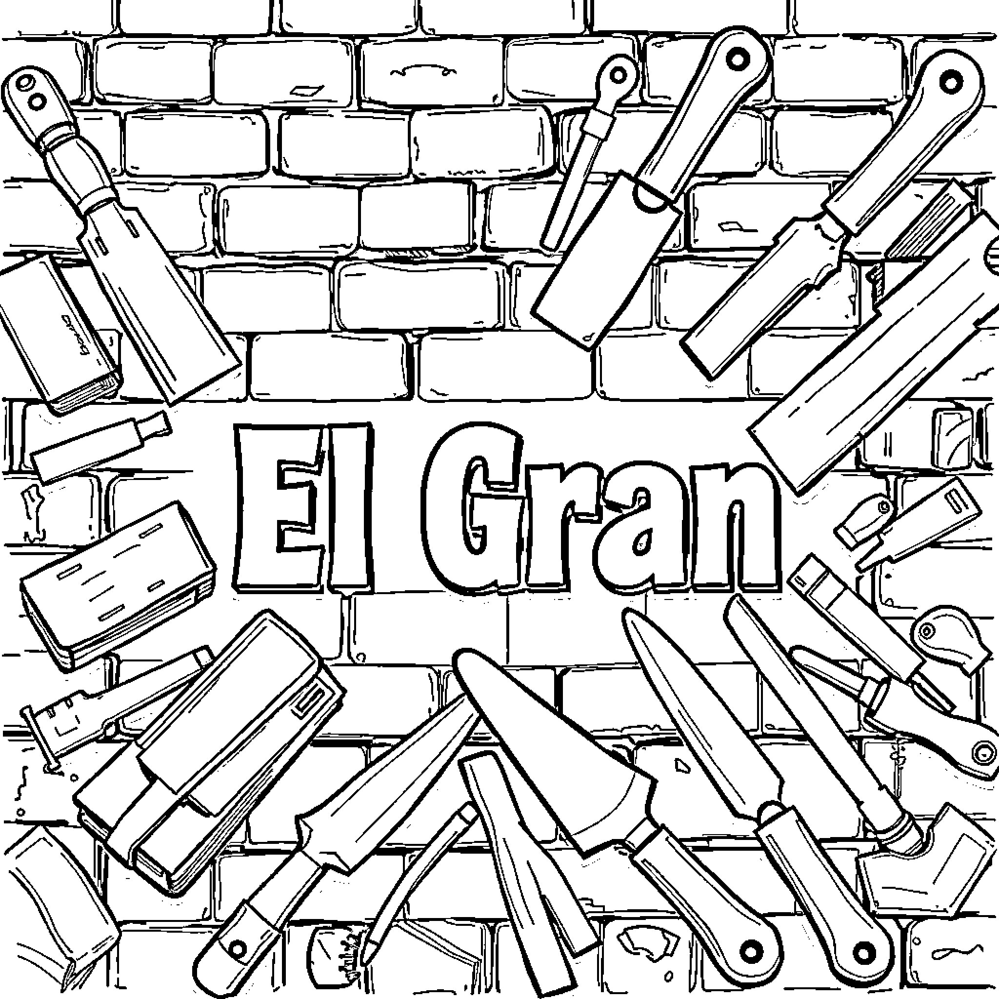 Masonry Tools Arranged on Brick Wall Coloring Page (free black-and-white line drawing printable PDF for all, from beginners to advanced learners, including children, teens, adults, and seniors)