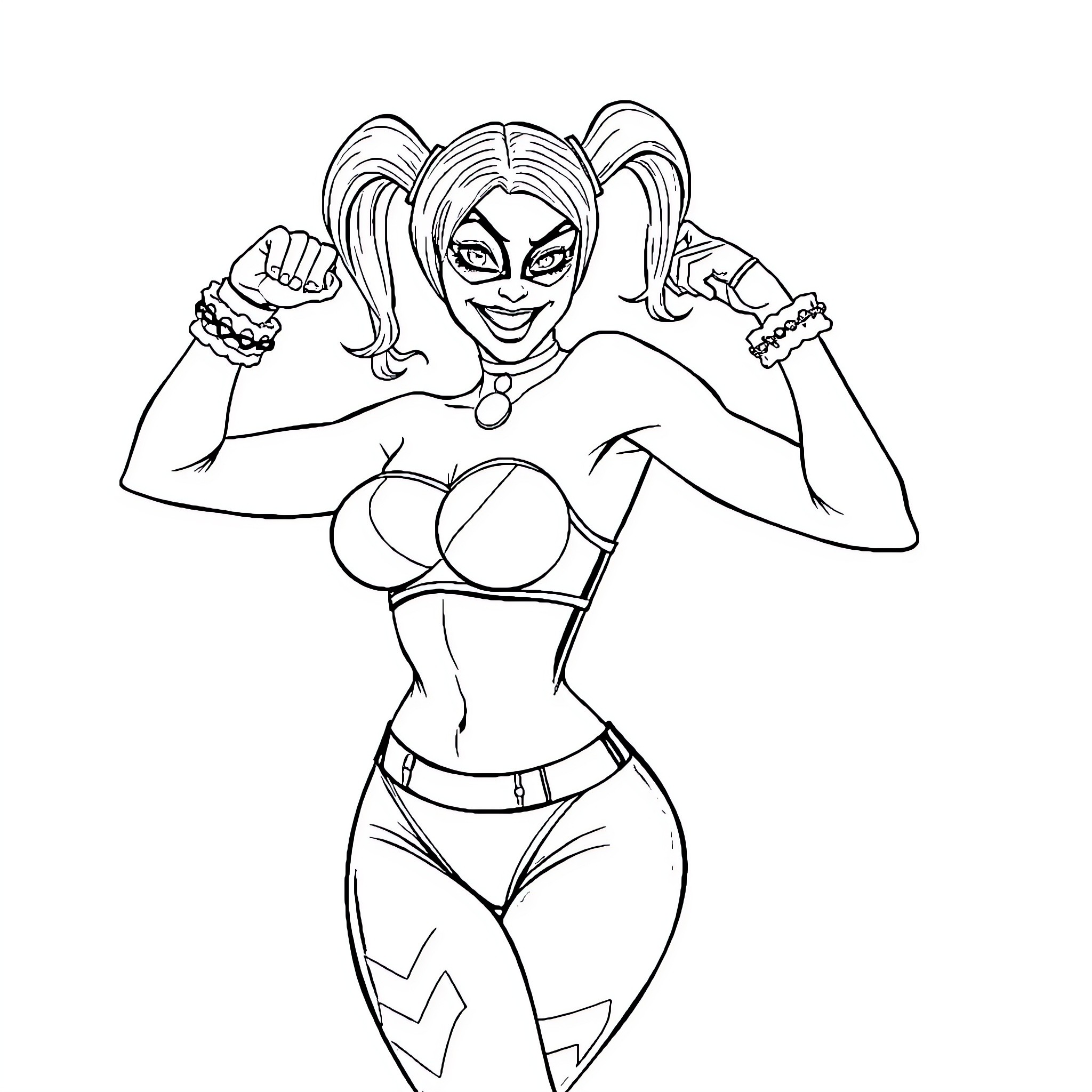 Harley Quinn in Fierce Fighting Stance Coloring Page (free black-and-white line drawing printable PDF for all, from beginners to advanced learners, including children, teens, adults, and seniors)