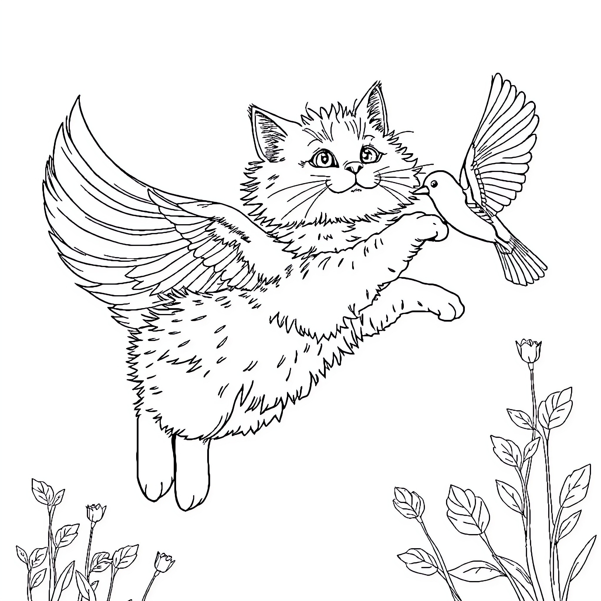 Cat with wings playing with bird in garden Coloring Page (free black-and-white line drawing printable PDF for all, from beginners to advanced learners, including children, teens, adults, and seniors)