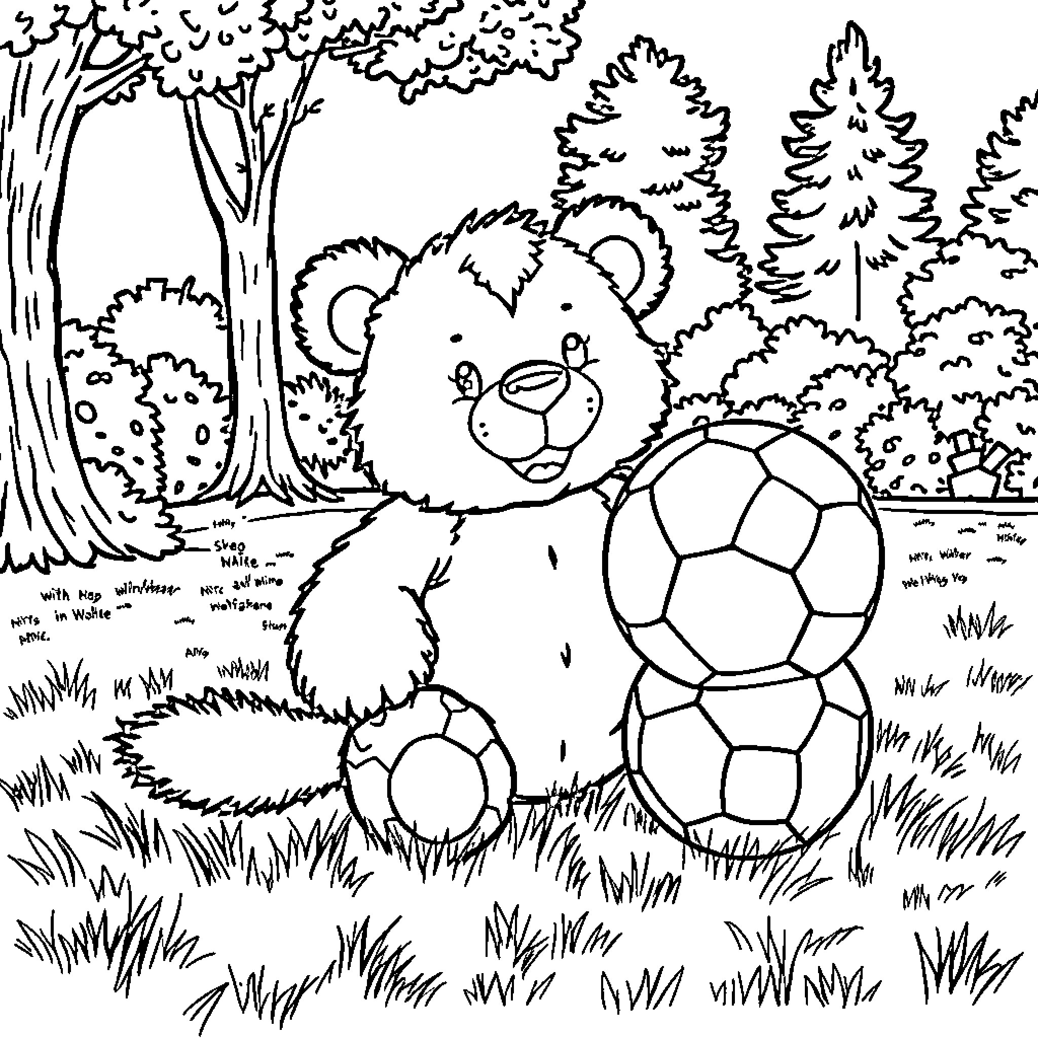 Stuffed Animal Bear Playing in Forest Coloring Page (free black-and-white line drawing printable PDF for all, from beginners to advanced learners, including children, teens, adults, and seniors)