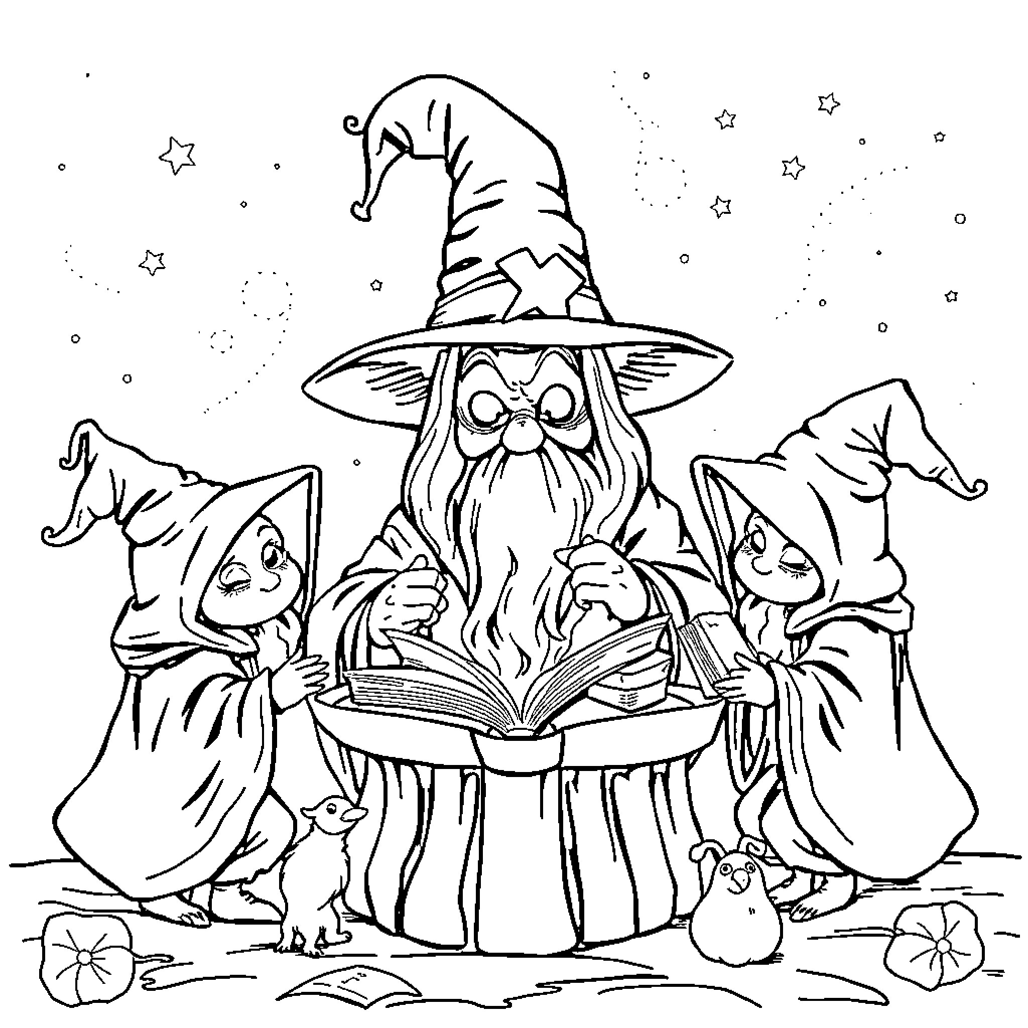 Caldero - Wizard reading a book surrounded by fantastical creatures Coloring Page (free black-and-white line drawing printable PDF for all, from beginners to advanced learners, including children, teens, adults, and seniors)