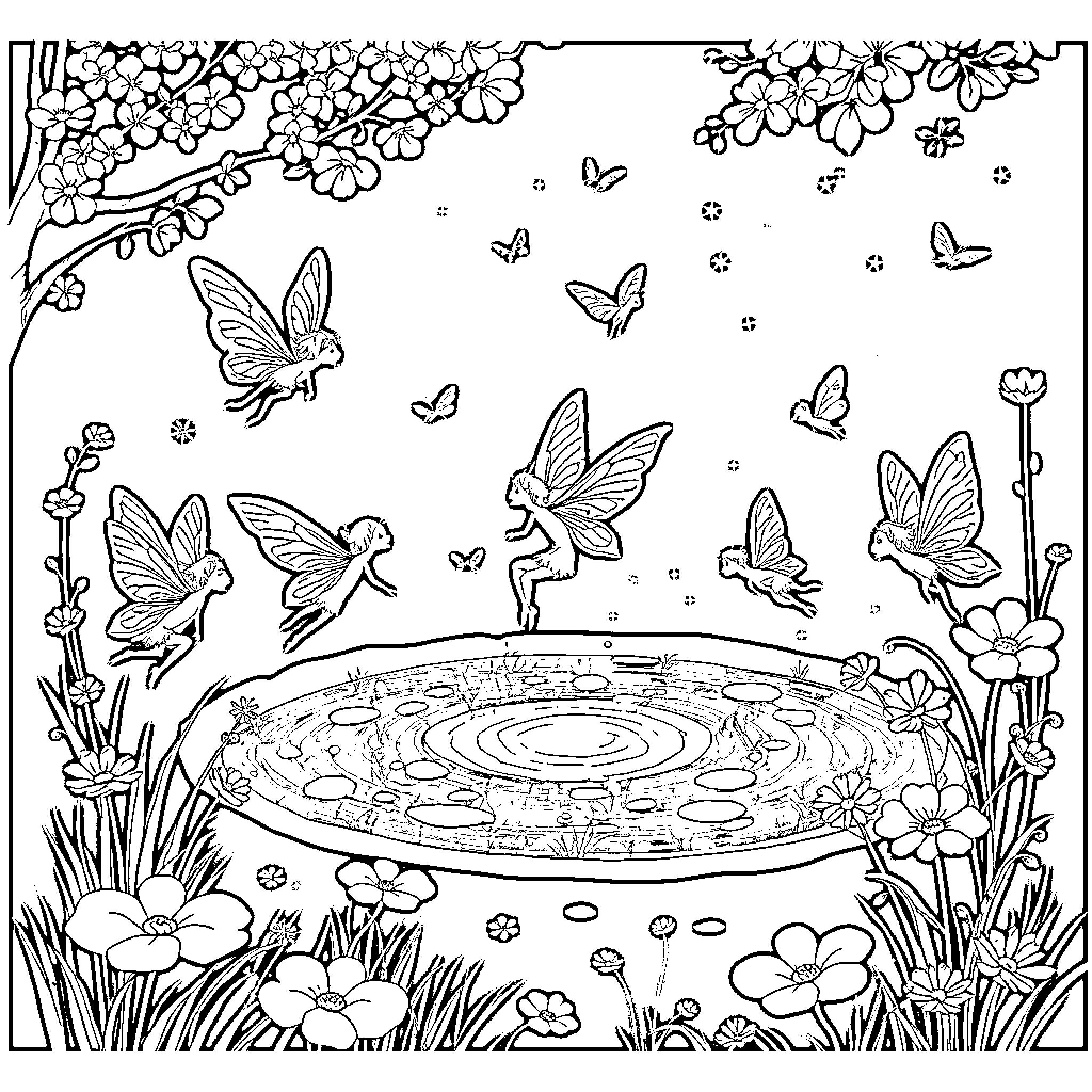 Fairy Fairies Dancing Around Enchanted Pond Coloring Page (free black-and-white line drawing printable PDF for all, from beginners to advanced learners, including children, teens, adults, and seniors)