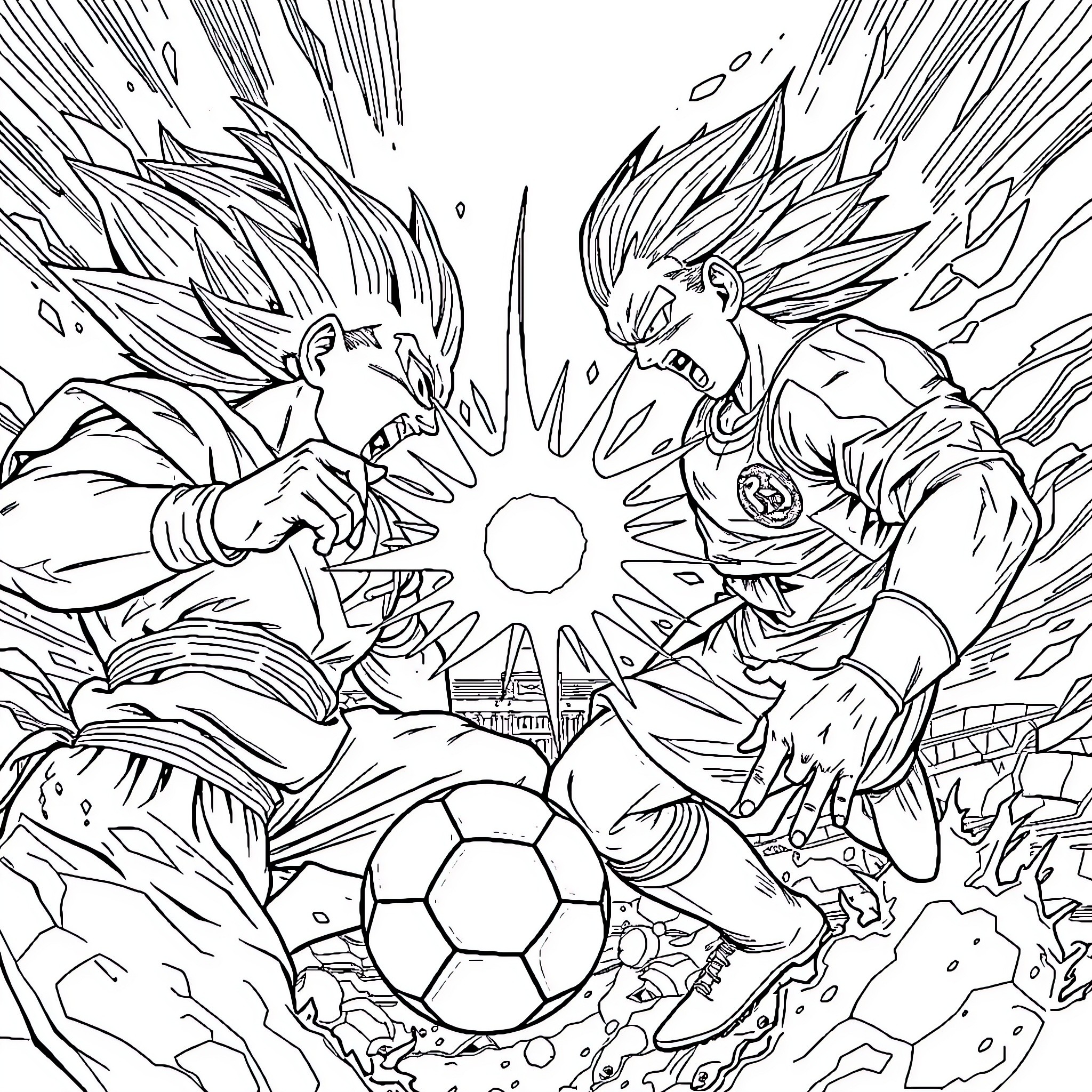 Dragon Ball Z - Intense Energy Clash Between Fighters Coloring Page (free black-and-white line drawing printable PDF for all, from beginners to advanced learners, including children, teens, adults, and seniors)