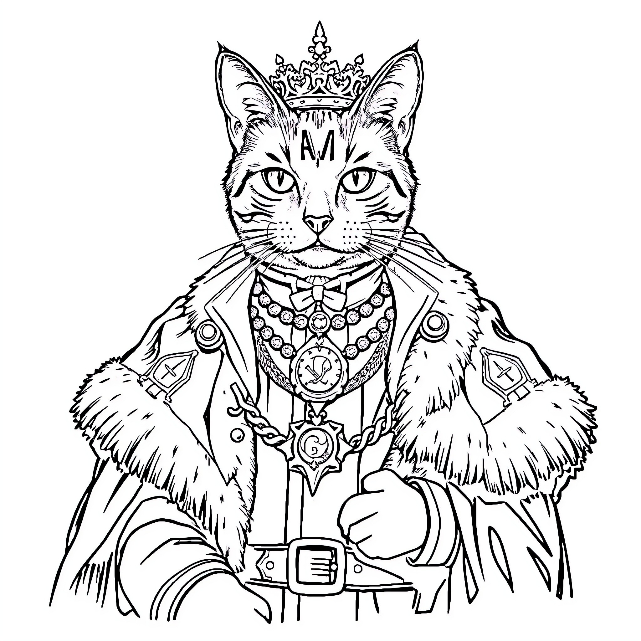Cat in Regal Attire Coloring Page (free black-and-white line drawing printable PDF for all, from beginners to advanced learners, including children, teens, adults, and seniors)