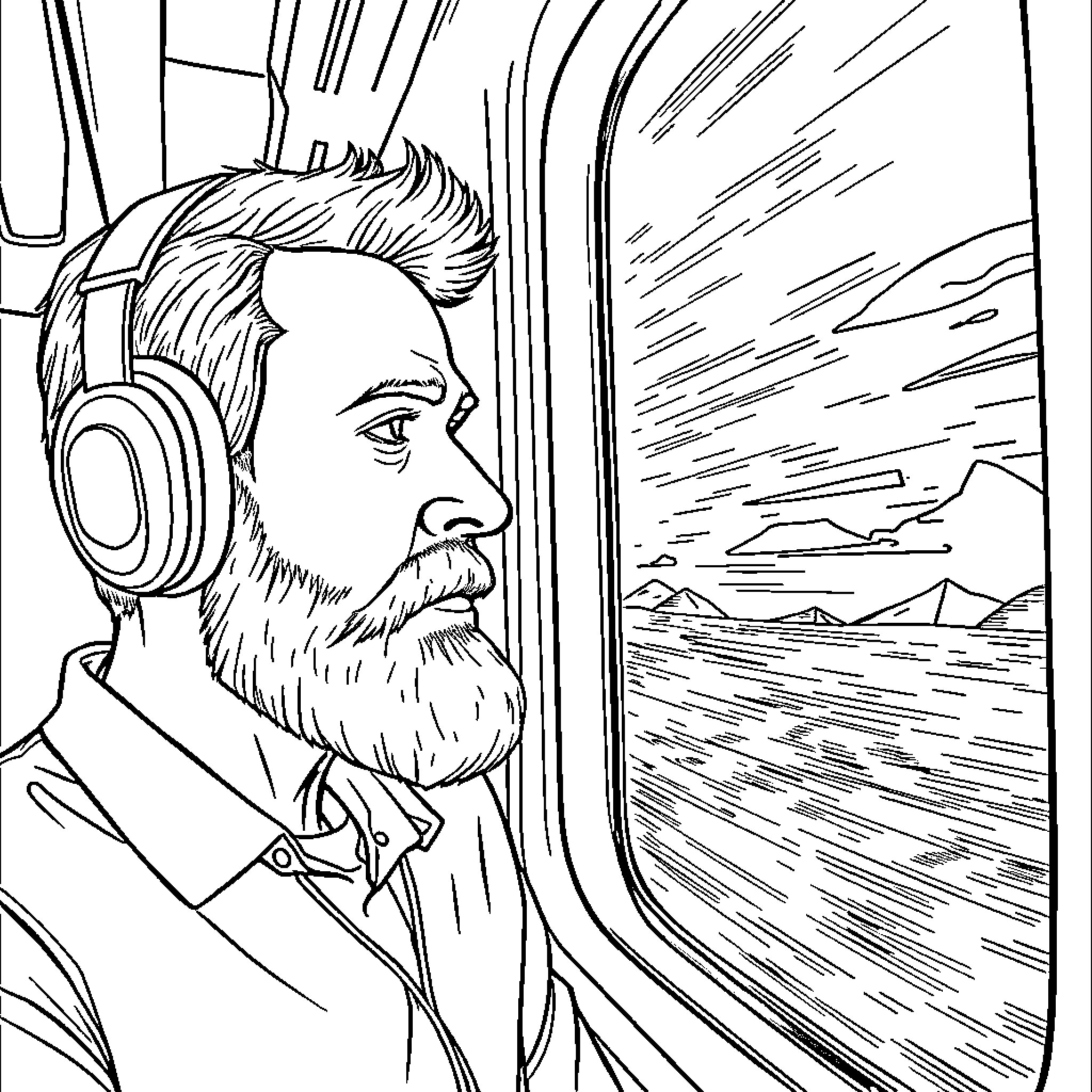Guy enjoying the view from train window Coloring Page (free black-and-white line drawing printable PDF for all, from beginners to advanced learners, including children, teens, adults, and seniors)
