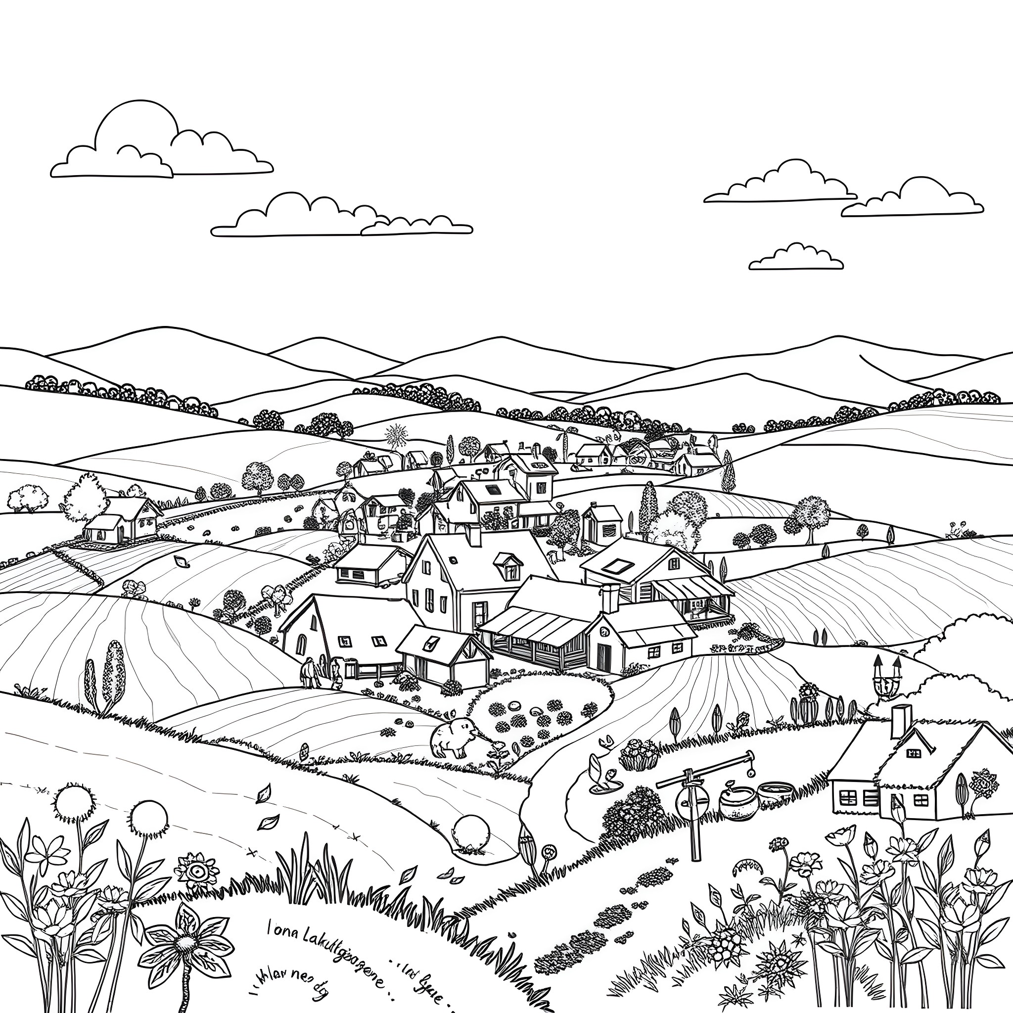 Stardew Valley - Idyllic rural landscape with village Coloring Page (free black-and-white line drawing printable PDF for all, from beginners to advanced learners, including children, teens, adults, and seniors)
