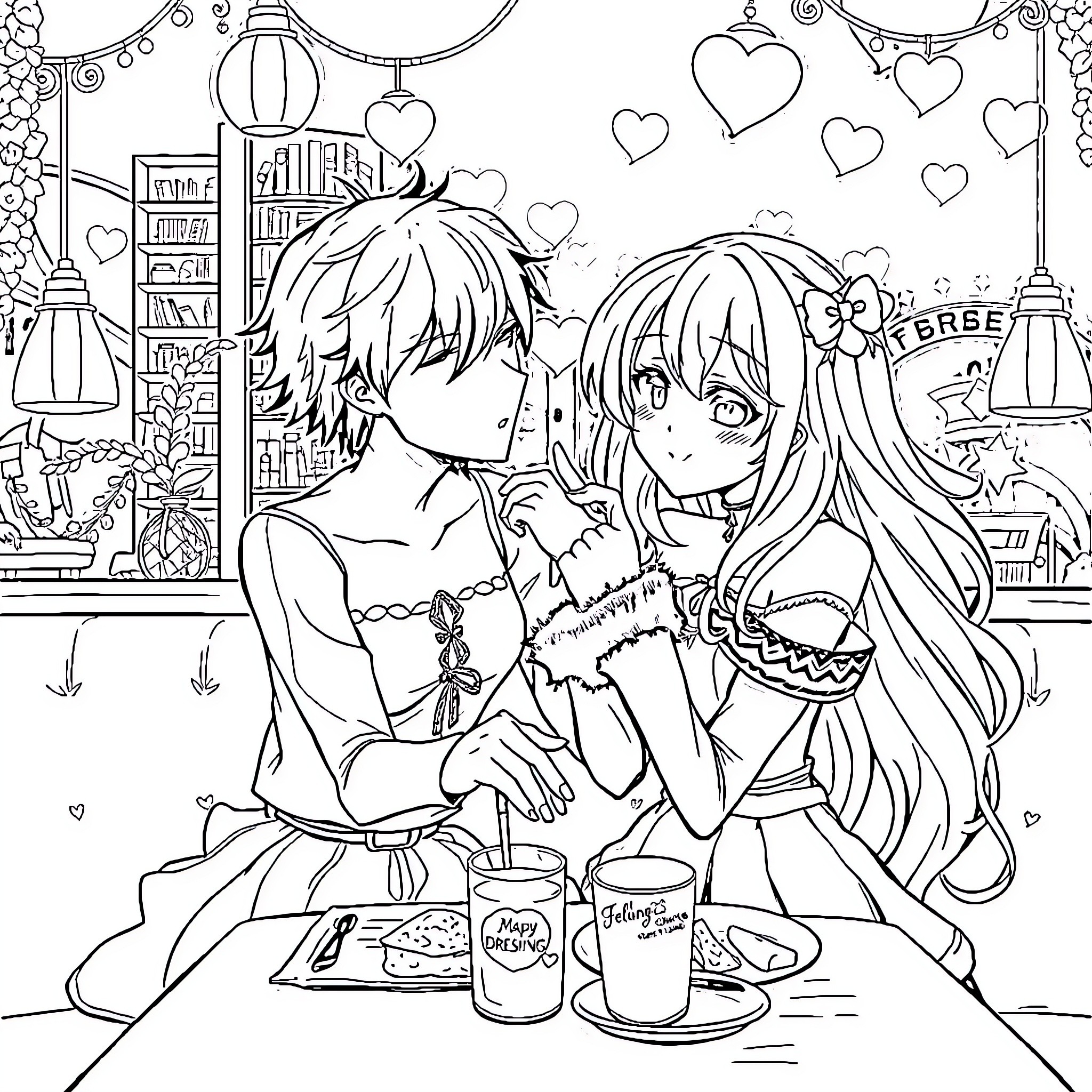 Anime Characters Enjoying a Romantic Cafe Date Coloring Page (free black-and-white line drawing printable PDF for all, from beginners to advanced learners, including children, teens, adults, and seniors)